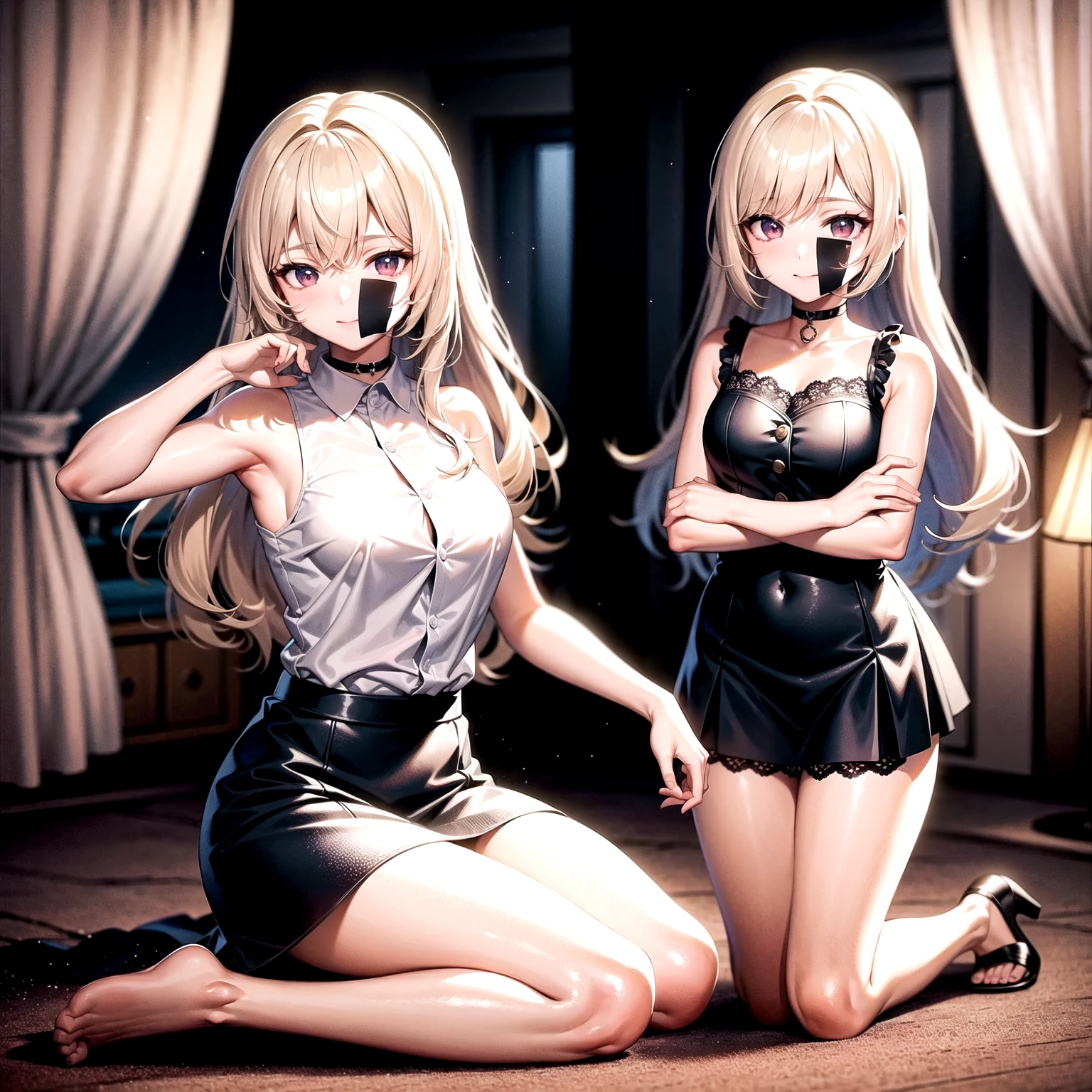 stocking, short blonde curly hair, dark skin