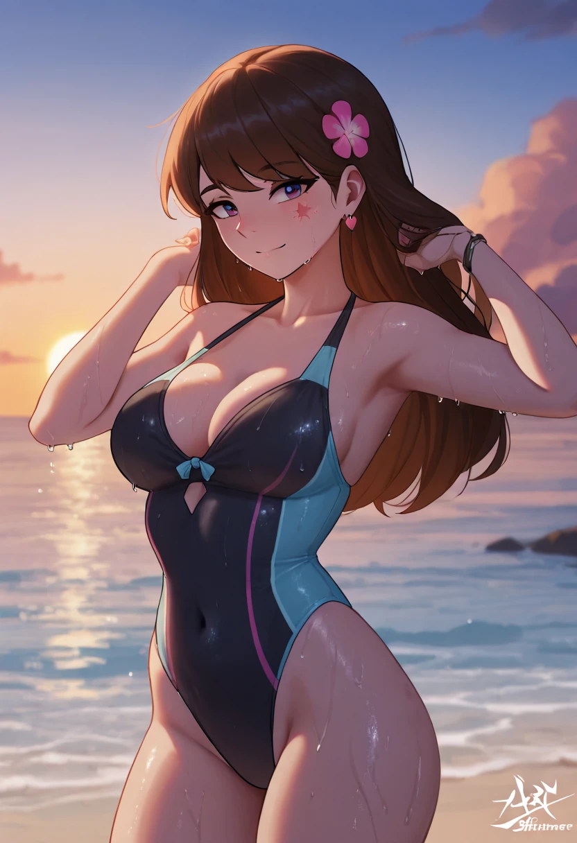 forehead, long wavy brown hair ，yellow  swimsuit, ,glamorous, ((out the ass
))