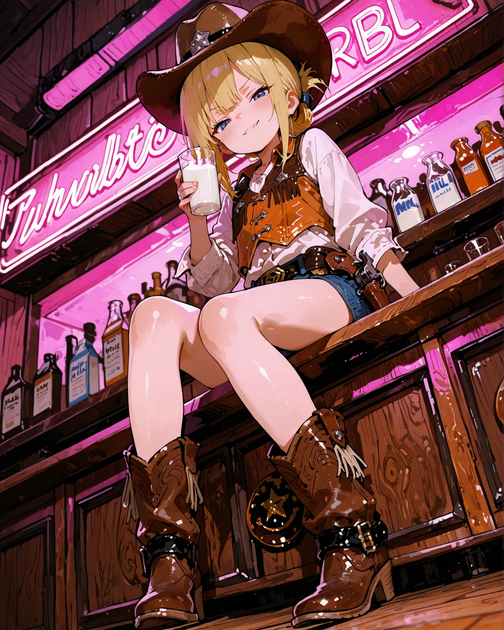 masterpiece, best quality, ultra-detailed, perfect anatomy,
748cmstyle,
anime style, solo, 1girl, light blush, folded ponytail, blonde hair, blue eyes, full body, from below, looking at viewer, dutch angle, cowboy hat, loli, little girl sitting on bar counter, smirking confidently, holding milk glass, wearing wild west cowboy outfit, toy revolver at waist, warm bar interior, soft neon lighting, shallow depth of field, cute but confident,