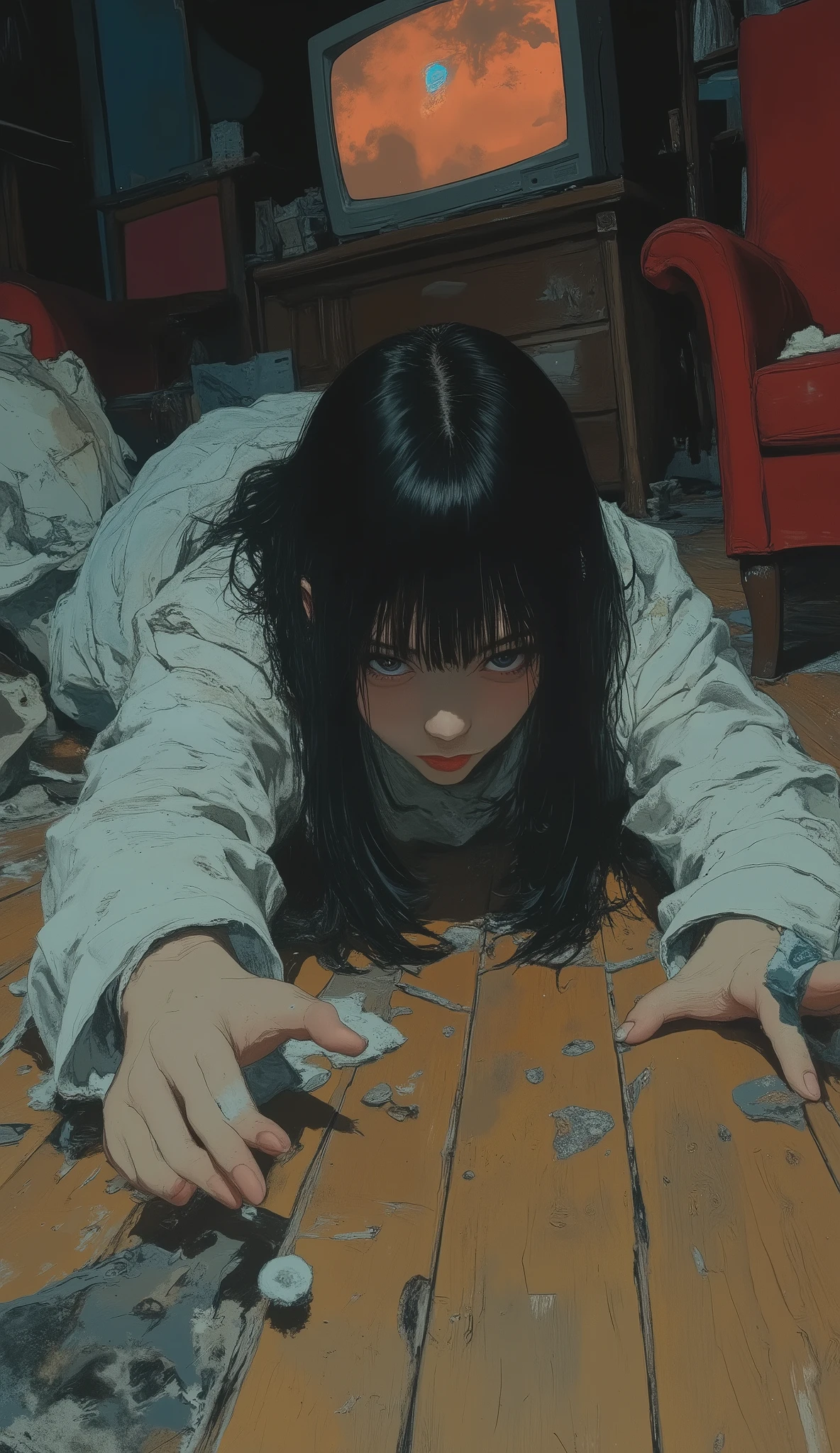 depicts a woman crawling on a wooden floor, it evokes a sense of urgency and hopelessness. She is long, with straight black hair on her face It hides much of, on Ajuro , Mysterious Sound. her hands are stretched forward, stretch towards the viewer, this evokes a sense of urgency and hopelessness. She is dressed in white , ragged long-sleeved clothes, like ghosts , Supernatural Atmosphere. The lighting is dim、bluish tones, Cluttering、chilling vibes , suggests a nighttime setting. In the background, furniture rich in bright red hues ,A television showing a noise like a sandstorm, Almost invisible, and contributes to a homely setting that contrasts with the disturbing foreground scene.