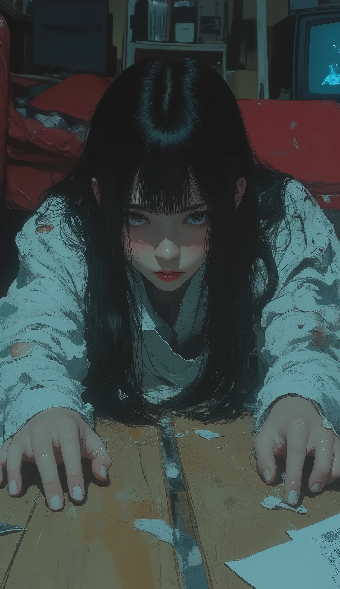depicts a woman crawling on a wooden floor, it evokes a sense of urgency and hopelessness. She is long, with straight black hair on her face It hides much of, on Ajuro , Mysterious Sound. her hands are stretched forward, stretch towards the viewer, this evokes a sense of urgency and hopelessness. She is dressed in white , ragged long-sleeved clothes, like ghosts , Supernatural Atmosphere. The lighting is dim、bluish tones, Cluttering、chilling vibes , suggests a nighttime setting. In the background, furniture rich in bright red hues ,A television showing a noise like a sandstorm, Almost invisible, and contributes to a homely setting that contrasts with the disturbing foreground scene.