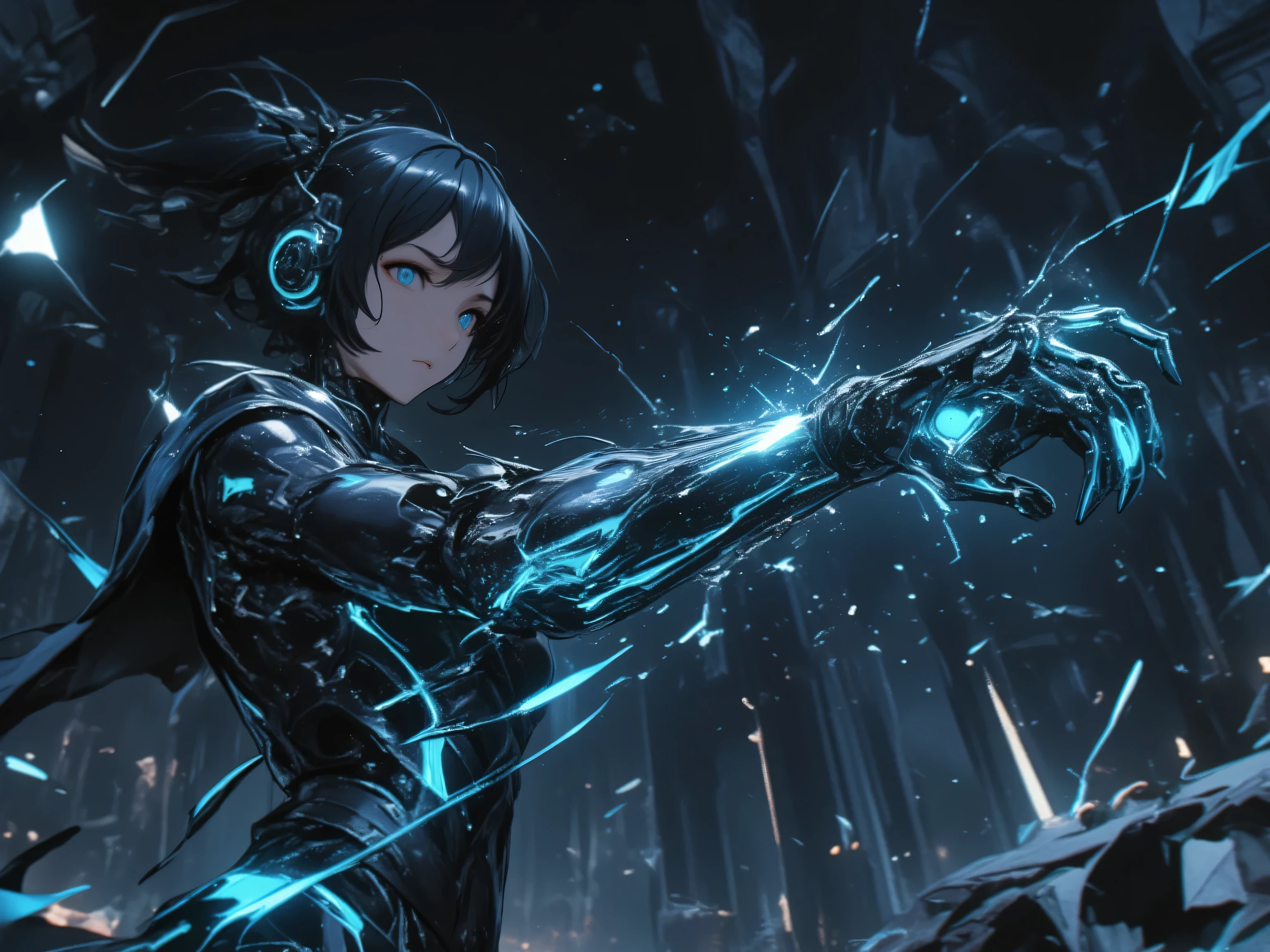 floating mechanical arm in perfect sync with hand movements、with black metal and blue luminescent lines、Floating on the side of a female adventurer's arms、mechanical arm floating in the air、in the background is a dark stone chamber at an ancient site、floating mechanical particles and sparks around the arm、cinematic writing、High Contrast、cinematic、Super Detailed、8k、unreal engine品質 、Greatest Masterpiece、high image quality、High Quality