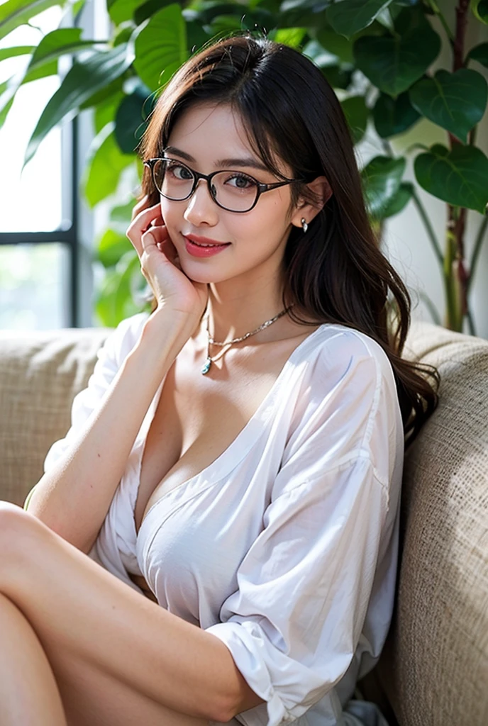 " tall woman, fair skin, glasses, large round , high resolution, attractive, elegant, detailed."