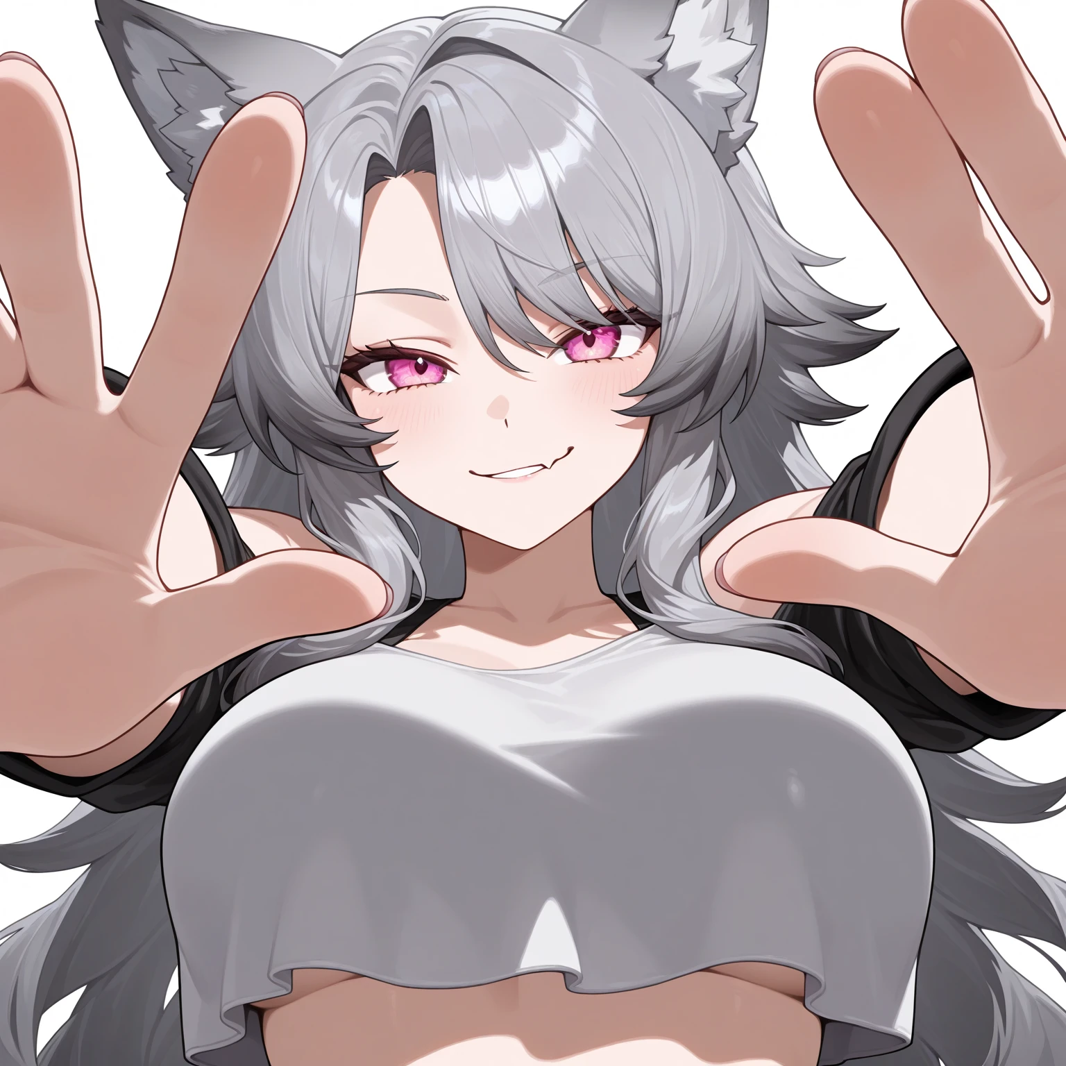 ,1 girl,Solo,tan,attractiveSmile,pov,(huge ),breasts,adult,White hair,red eyes,wolf hair,,full body,light 
wolf girl,Androgynous,big breast 
best quality,very aesthetic,absurdres,pov,looking at viewer,front view,straight-on,puffy ,(seiza :1),(from front),(top-bottom),