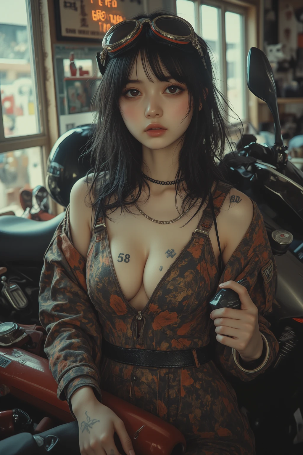 ((best quality, 8k, HDR, RAW)), ((masterpiece)), (hyper detailed), japanese girl, mesmerizing and alluring female mechanic covered in tattoo,Confident smile， seen from below，(Dirty and rugged body:1.2), (tough and confident demeanor:1.1), (mechanical expertise:1.3), detailed ponytail red hair, smudged face with a playful smirk, (long sleeve zippered workpack coveralls:1.3) loose from her body, ((exposed cleavage and abs):1.2), extreme detailed eyes and face, ((irezumi tattoo:1.2) on cest), plump body posture, repair shop, scattered car parts, (authentic automotive ambiance:1.2), (inocent gaze:1.1), gripping a wrench in her dirty hands, 8k resolution, looking away, masterpiece, best quality,Photorealistic, ultra-high resolution, photographic light, photton mapping, shallow depth of field, warm color,