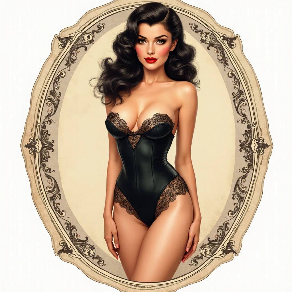 Create a detailed drawing in the classic pin-up style. Depict an attractive  medival princess, with emphasized feminine curves and clear lines. The woman should mastrubate, with a friendly and  facial expression. Pay attention to careful shading and the emphasis on details to capture the vintage look and aesthetics of the era