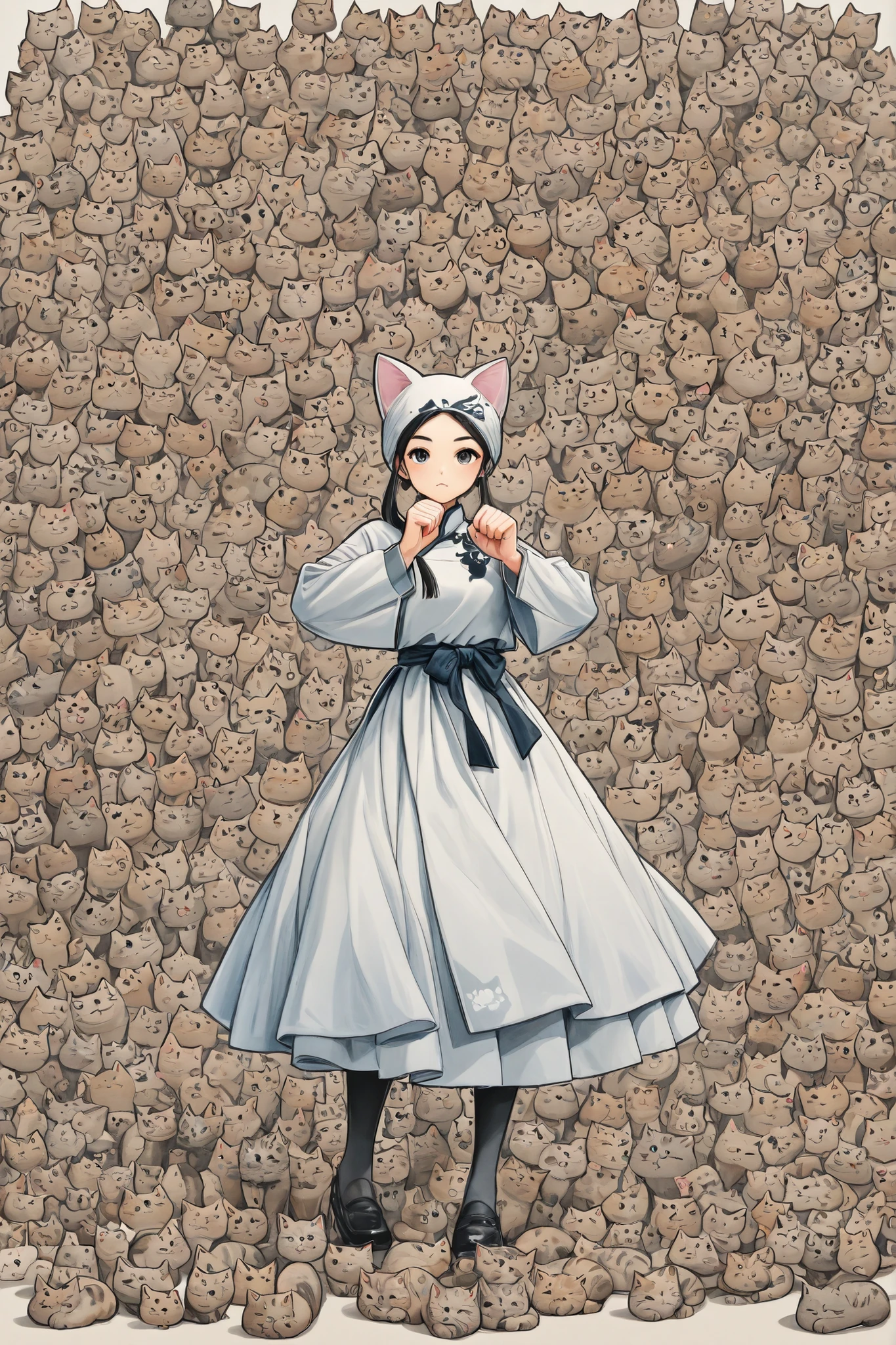 ArsMJStyle, Zen Ink Wash Sumi-e, Many cat-shaped icons and logos are gathered to form 1 beautiful girl、Composed of cat icons1Girl、Cat Dance、many kinds of cat icons、Ultra high definition 、Greatest Masterpiece,