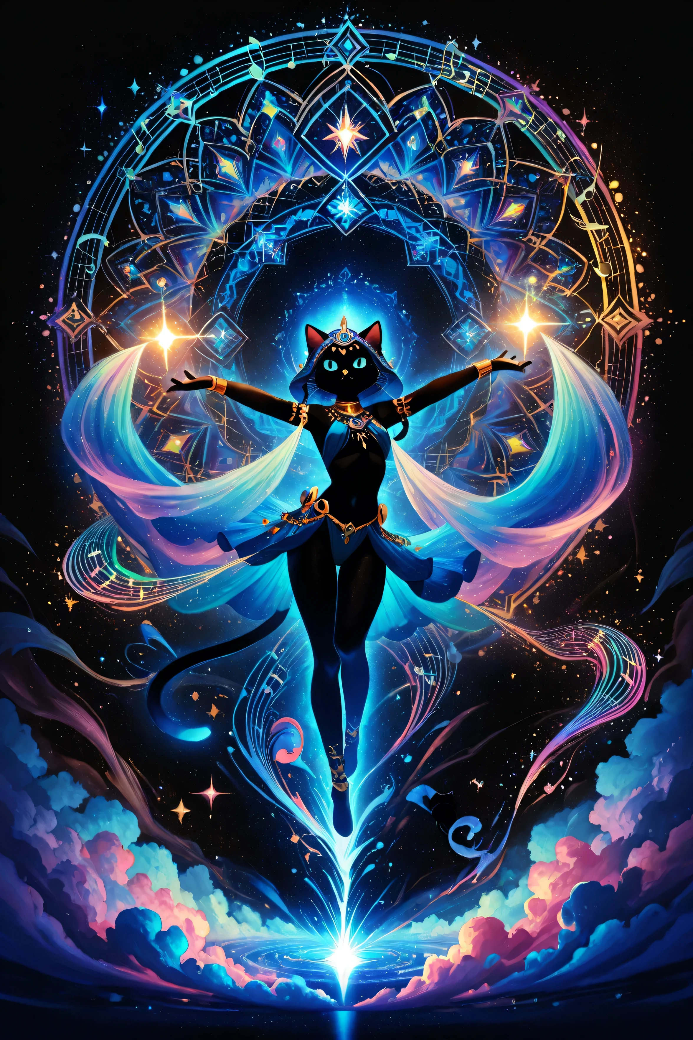 Nandra-Pro Beta、(((Black cat dancer illuminated by a prism,musical dancer disguised as a cat))), Wonderful, artistic scene featuring a black ballet dancer、set against a deep black background where light bends through a prism creating vivid colors like violet, Blue, green, gold , neon-style Professional lettering, neon-style professional lettering、organic patterns shine in surrounding ink. Wonderful, shine strongly under artistic scenes、vivid colors of, black background, where vivid clouds of violet and sapphire Blue ink swirl gracefully like ethereal mist, shines , delicate ink tendrils look like neon Brilliance. Professional, glowing intensely with vibrant shades of violet and sapphire Blue. Subtle reflections sparkle under the artistic scene, Release、Pulsing with light, cat illuminated by a prism. shine strongly under artistic scenesかすかな反射がきらめきます, emphasizes its brilliance while maintaining a mysterious atmosphere. The scene feels futuristic yet artistic, shines strongly with vivid colors reflected through {x} Surreal elegance that attracts viewers' attention. Colorful_Ink、