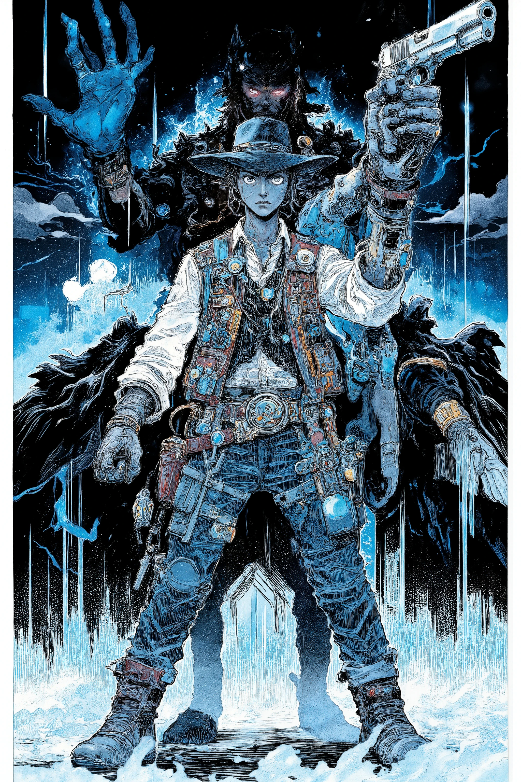 Curious、Anime style illustration looking up, Western Style と融合したSFハイテクウェア, Wide Hat,Ten Gallon Hat,leather vest ,boots,Devil with a Handgun , mobility , neon blue lighting effects , Gadget Details ,Demon SF Western,Cyberpunk Gun Fighter,very beautiful Cyberpunk Gun Fighter,Street Gunfighter,Casual Western Anime , modern cyberpunk anime , Western Style , Neon Cowboy,Western Anime Style , Devil's Gunfighter,portrait, Modern avant-garde art ,Using Brush and Ink to Draw Clouds,Future Outlaw,