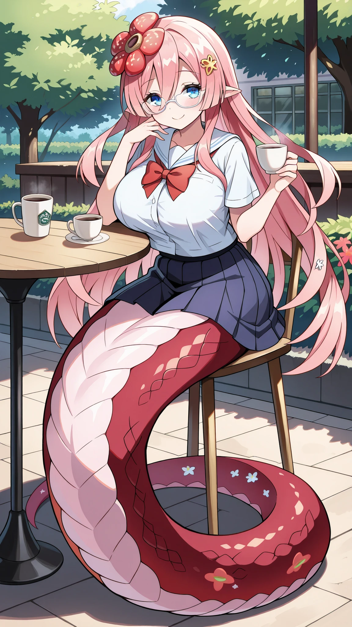 (Fraction_9:0.9),Fraction_8_Up,Fraction_7_Up,grade,(zPDXL3),( masterpiece), (Best Quality ),(All five fingers ),A Girl,alone,traptrix_rafflesia,PINK HAIR,Rawang flower hair ornament ,Long hair ,blue eyes, white frame glasses,Japanese school uniform, skirt,Big breasts,Big breasts,lamia,The lower half of the body is a pink snake tail,cafes,outdoor,sitting on a chair,hands on the table,A cup is placed on the table,Very beautiful,Smile, full body picture,has no legs