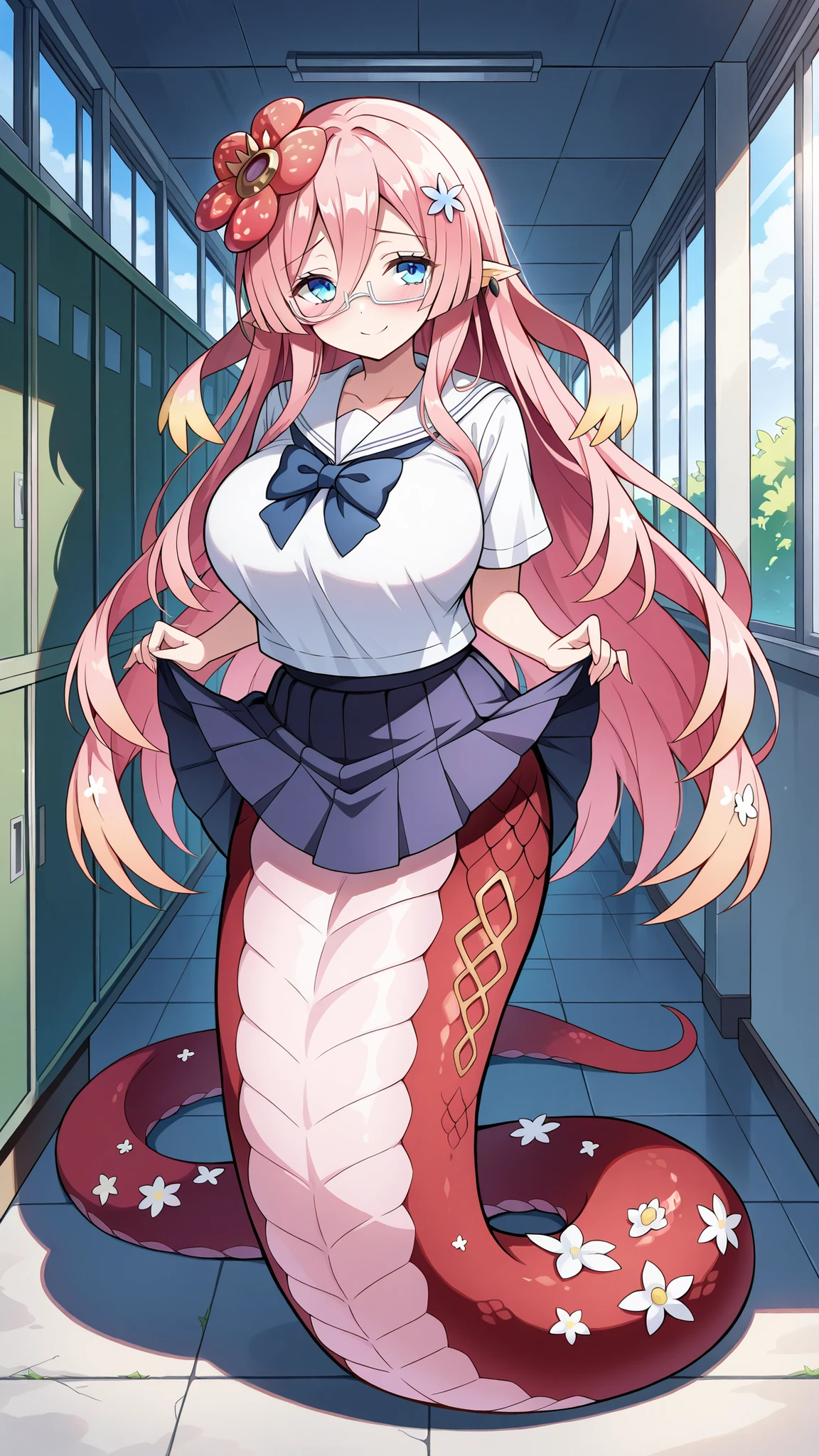 (Fraction_9:0.9),Fraction_8_Up,Fraction_7_Up,grade,(zPDXL3),( masterpiece), (Best Quality ),(All five fingers ),A Girl,alone,traptrix_rafflesia,PINK HAIR,Rawang flower hair ornament ,Long hair ,blue eyes, white frame glasses,Japanese school uniform, skirt,Big breasts,Big breasts,lamia,The lower half of the body is a pink snake tail,outdoor,school,corridor,Lift up the skirt,Very beautiful,Smile,shy, full body picture,has no legs