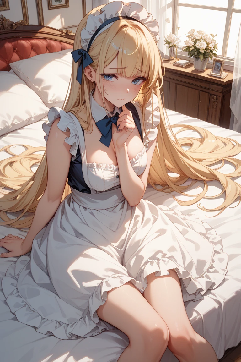Kirakishou, rozen maiden, 1woman, large breasts, tall, doll joints, white ornately ruffled dress, two small white roses tied to hair, blonde hair, oink blonde hair, yellow golden eye, evil grin, naughty, spreading legs,  face, sitting, sitting on bed,

