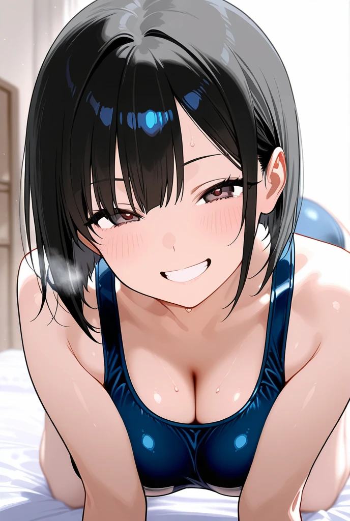 Full body portrait:1.3、masterpiece、highest quality、Beautiful woman、Extraordinary beauty、Leotard in the style of gym clothes:1.3、squat、Big Breasts 、Black-haired、A smile on a man's face:1.3、Beautiful legs、One Woman、Sweaty、blush、Detailed costume、Detailed skin、Detailed face、、Exhale hot breath、Wet costume、Open your mouth wide and stick out your tongue:1.4、 a  :1.8