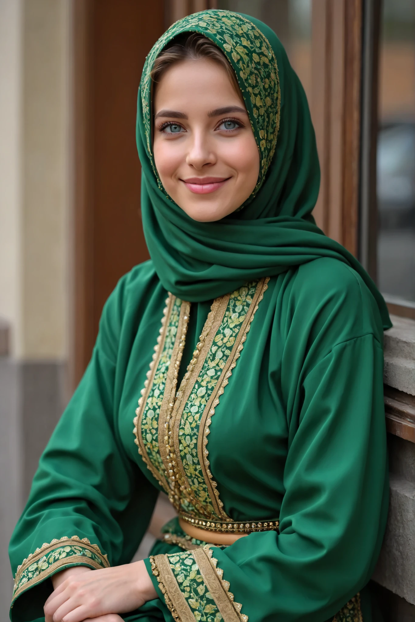 Ultra-realistic portrait of a young Muslim woman, 25 years old, mixed Russian and Caucasian features, fair to light olive skin, blue or green eyes, slightly angular and delicate facial features, wearing a colorful hijab fully covering her hair, modern modest urban outfit (long-sleeve blouse, stylish jacket, jeans), warm and friendly smile, gentle and approachable expression, photorealistic, extremely high detail, soft daylight, city