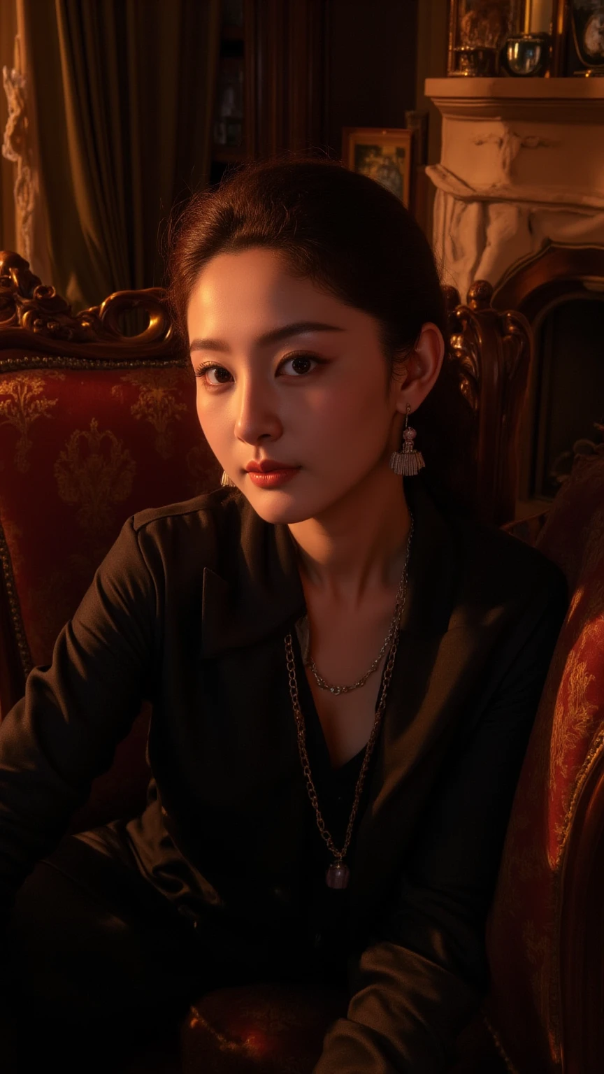 (best quality, 4k,8k,highres, masterpiece:1.2), Surrealist photo, portrait of a Vietnamese woman, long wavy black hair, wearing a black velvet ao dai, wearing a gold necklace, photo taken in 1985 with Kodak