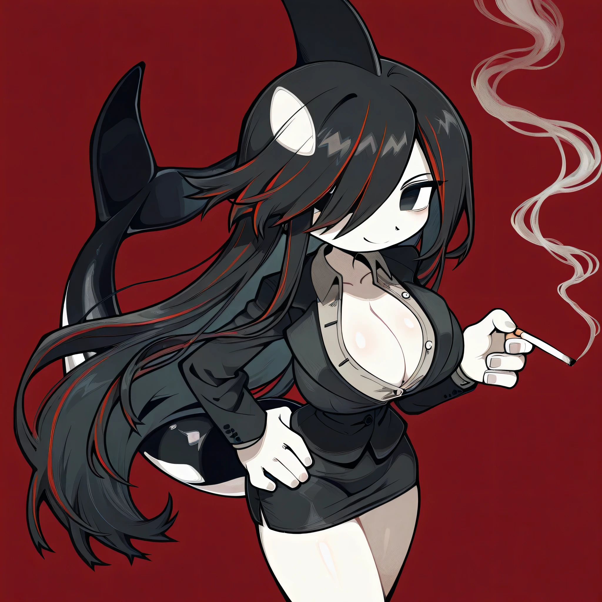 masterpiece, ultra-HD, impressionism, high detail, best quality, very aesthetic, 8k, best quality, beautiful, tmchng, 1girl , solo , pale skin , very long black hair , hair covered one eye , black eye , no eye reflex , smile , black suit , gray shirt , straight mini skirt , big breast , unbuttoned , cleavage , orca tail , dorsal fin head , hand on hip , smoking cigarettes , thighs , looking at viewer, streaked hair , red background , from above , foreshortening , perspective