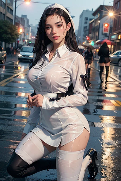 ulzzang-6500-v1.1,(raw photo:1.2), (photorealistic:1.4), beautiful detailed girl, extremely detailed eyes and face, beautiful detailed eyes,absurdres, incredibly absurdres, huge filesize , ultra-detailed, highres, extremely detailed,best quality ,masterpiece, illustration, an extremely delicate and beautiful, extremely detailed ,CG ,unity ,8k wallpaper, Amazing, finely detail, masterpiece,best quality,official art,extremely detailed CG unity 8k wallpaper, light on face, cinematic lighting, low-braided long hair, floating hair,adjusting hair,wide hips, thick thighs,skinny, outdoors,leg up ,high heels, (uniform:1.4),cityscape, street, focus on face,crowd, night sky, night,running, rain, rainy, wet