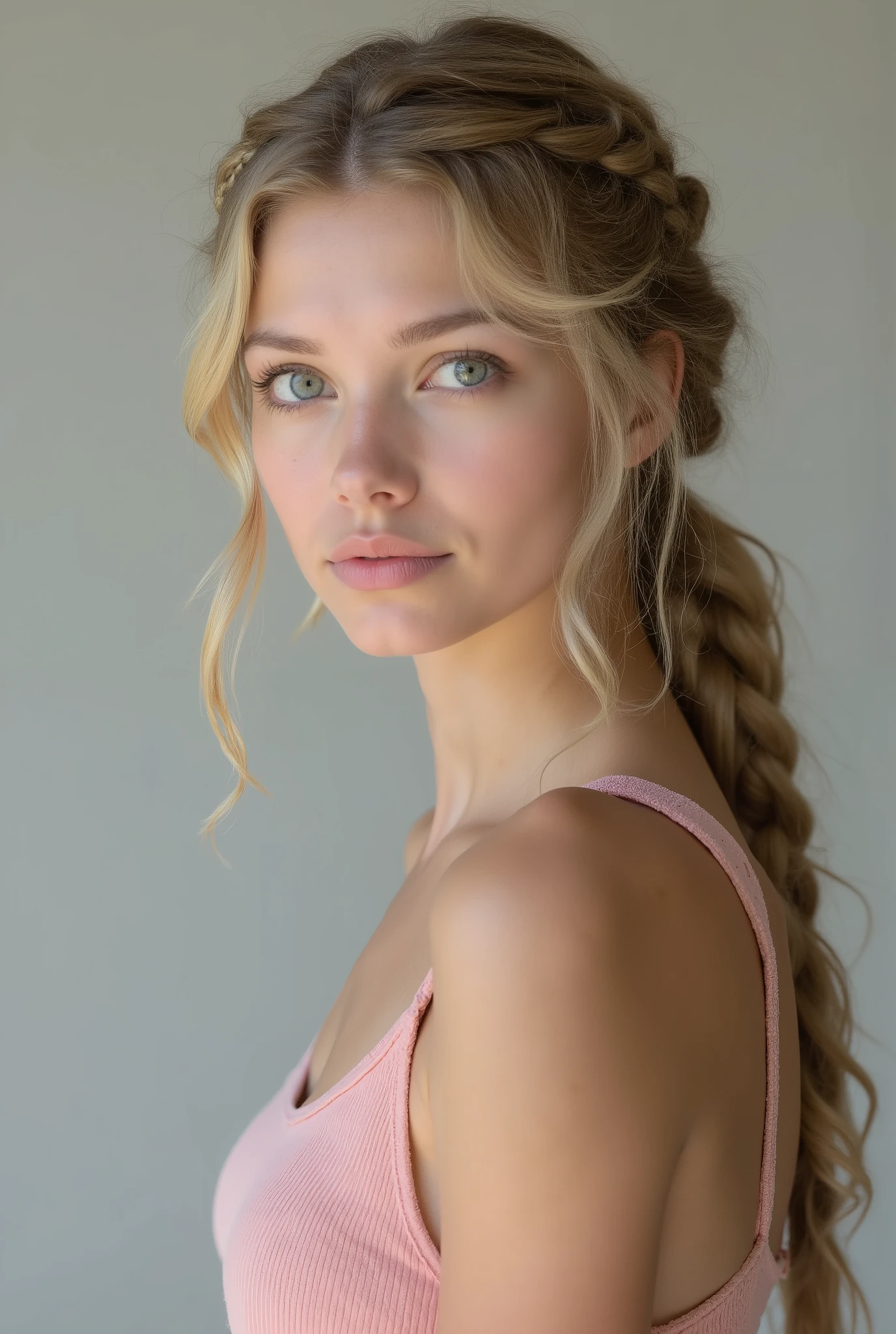 mulher jovem branca, braided blond hair , Light blue eyes wearing Pink Sleeveless Tank Top