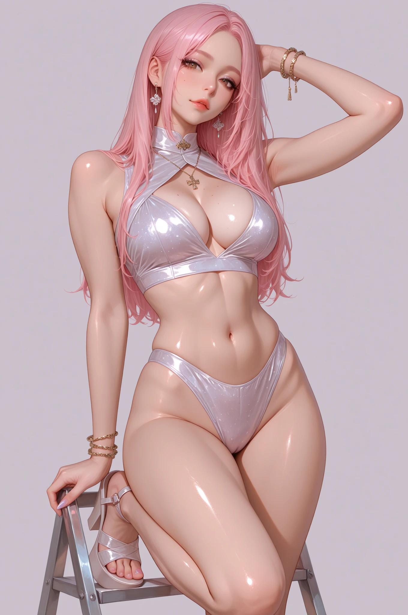 A maiden, maiden with exposed skin, sticky liquid, tentacles licking, lying face up, hands separated by chains, struggle, pain, penetration, pink stockings, pink dress, silver-white hair, using ice magic, magic suit, pink eyes, pink ice wings