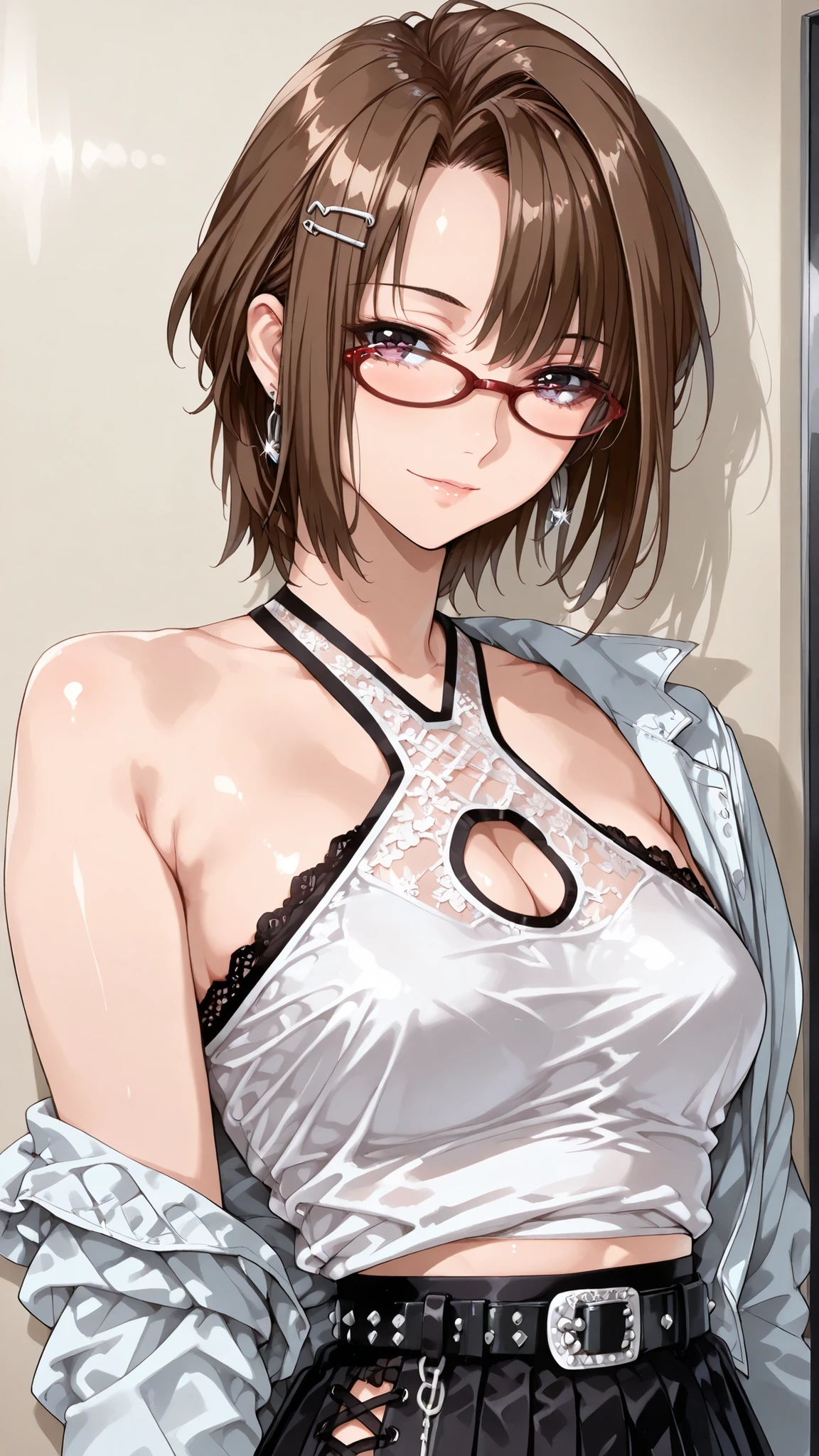 solo, tomoe (accelerando), purple eyes, brown hair, short hair, glasses, mature woman, Tight waist、Small waist、shiny Skin , (upper body), sexy, (adult woman, 25+), score_9, score_8_up, score_7_up, source_anime,(extremely detailed CG), (best quality), Gothic punk-style fashion, a white blouse with ruffles, inner layer,
a black strappy overlay tank top worn over the blouse, outer layer, lace-up decorative design,
studded belt, black and red checkered pleated skirt,black lace-up boots, numerous silver accessories, silver chains, safety pin motifs, black ribbon hair ornament