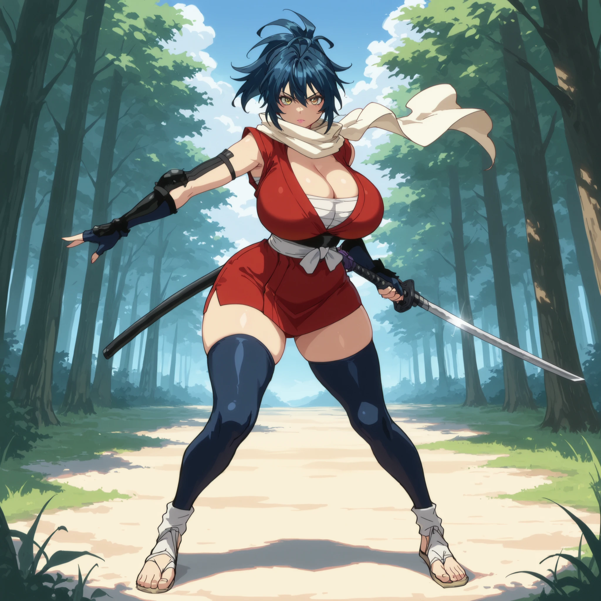 masterpiece, ultra-HD, impressionism, high detail, best quality, very aesthetic, 8K, best quality, beautiful, ultra-high resolution, 32K UHD, sharp focus, 1girl, solo, Manyuu Chifusa, long blue hair, ponytail, yellow eyes, eyelashes, pink lips, , narrow waist, wide , thick thighs, shapely legs, slim, red kimono, sleeveless, cleavage,  bandages, shinobi sandals, white ribbon obi, black thigh high socks, white scarf, black fingerless gloves, blushed, serious, cute, holding a katana, dynamic pose, standing, full body, looking at the viewer, forest background, front view