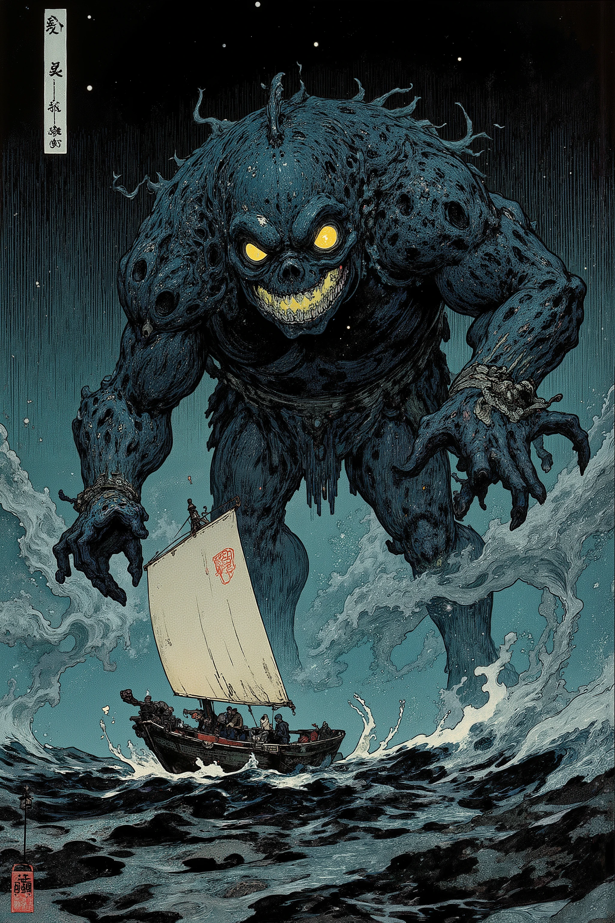 black and white,ubizoのUkiyo-e, ubizoは船を襲う妖怪,Composition of a giant figure overlooking a ship in rough waves,appearing from the surface of the sea,ubizoの巨大さを強調,based on blue and black,in the dark sea、red and only both eyes can see from the surface of the sea,by ubizo,ubizoは滑らかな肌や禿げた頭,Add decorations such as scales and algae,The background is a dark night sky, Raging Ocean, and moonlight ,Ukiyo-e unique curves in the movement of waves(fear of sailors),Based on blue and black、Yellow emphasizes eyes and mouth,Yo-kai painting by Utagawa Kuniyoshi(ubizo) dark background inspired by basic colors ,Clearly ,ubizo has smooth skin and a bald head,using unique colors of Ukiyo-e,and melted face,draws thick and powerful lines with line art、makes the outline stand out,Barker's album artwork , detailed cover art ,CD cover artwork, ( Yotsuya Kaidan ) dark background inspired by basic colors ,