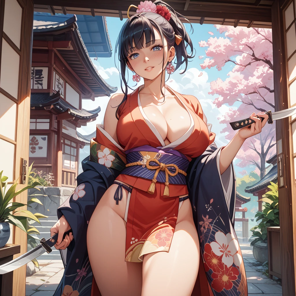 Woman with an umbrella, Onmyoji,genshin impact character,big  and big breasts,fox nobushi holding a naginata, fox ear、lunar themed attire, ninjartist