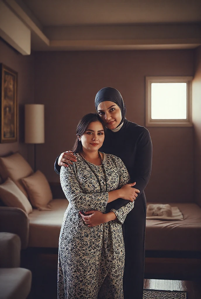 Pale skin Kurdish woman in hijab  shoulder  arm breasts  talking with a Arab man in luxury bedroom view from side angry raged 