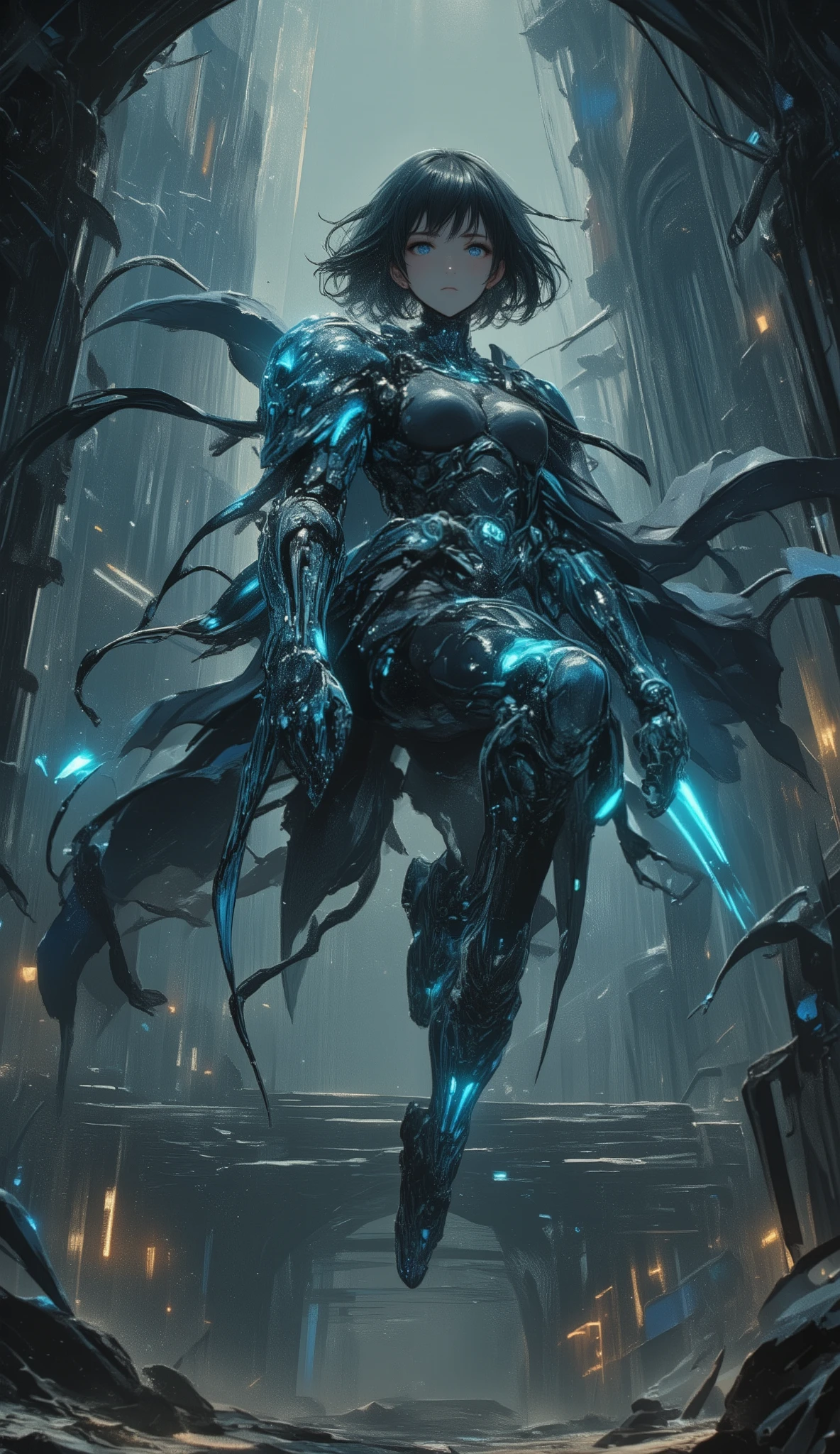 Young Adventurer Woman、short hair、両脇にFloatingする巨大な機械義腕、Mechanical Arm、Floating、 Blue energy glow、Gears and Wires、fusion of cyberpunk and fantasy、Detailed Metallic Texture、luminous joints、dynamic pose、dark dungeon background、dust、top quality、extremely detailed、8k、cinematic lighting、accurate body structure