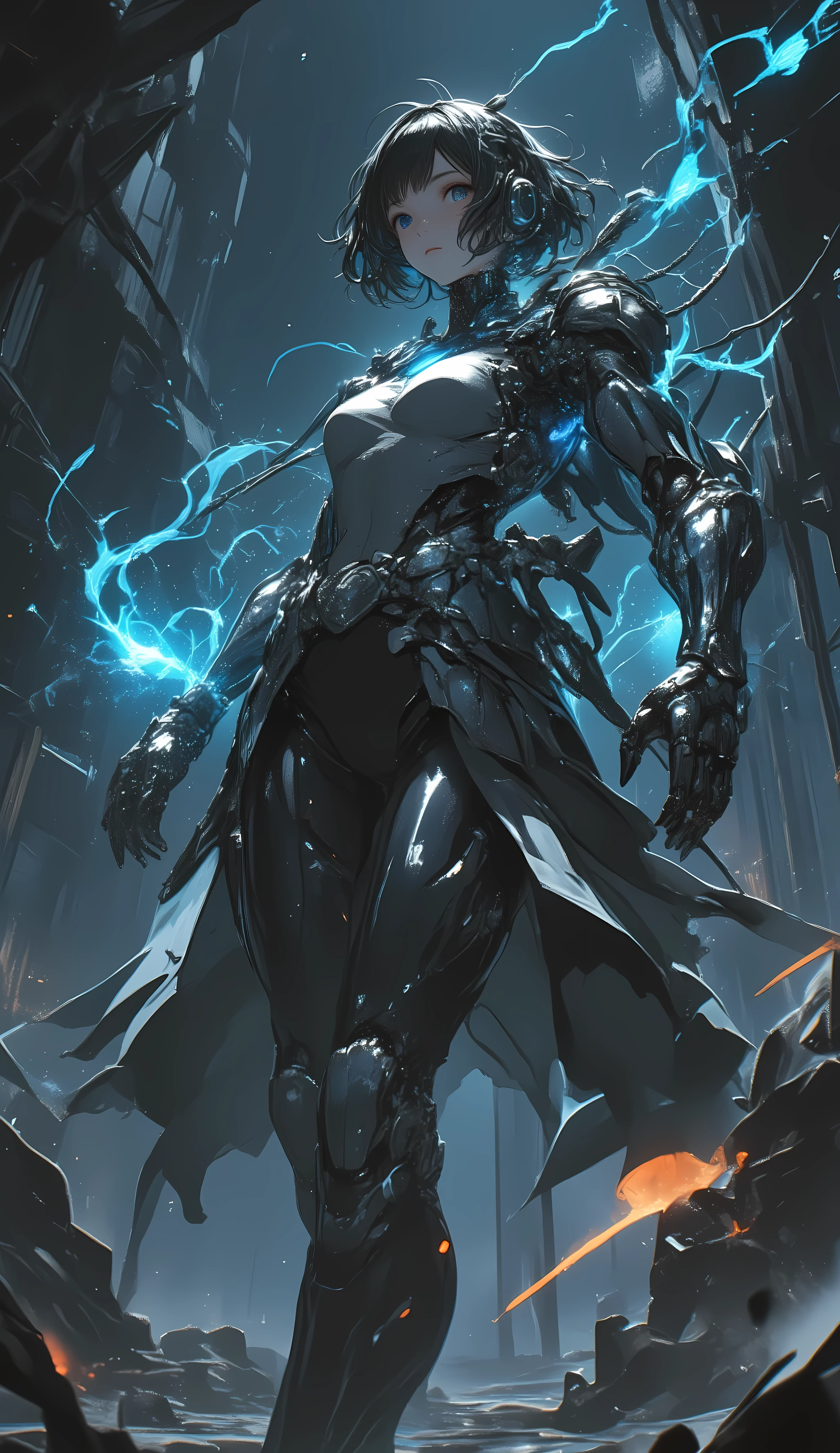 Young Adventurer Woman、short hair、両脇にFloatingする巨大な機械義腕、Mechanical Arm、Floating、 Blue energy glow、Gears and Wires、fusion of cyberpunk and fantasy、Detailed Metallic Texture、luminous joints、dynamic pose、dark dungeon background、dust、top quality、extremely detailed、8k、cinematic lighting、accurate body structure