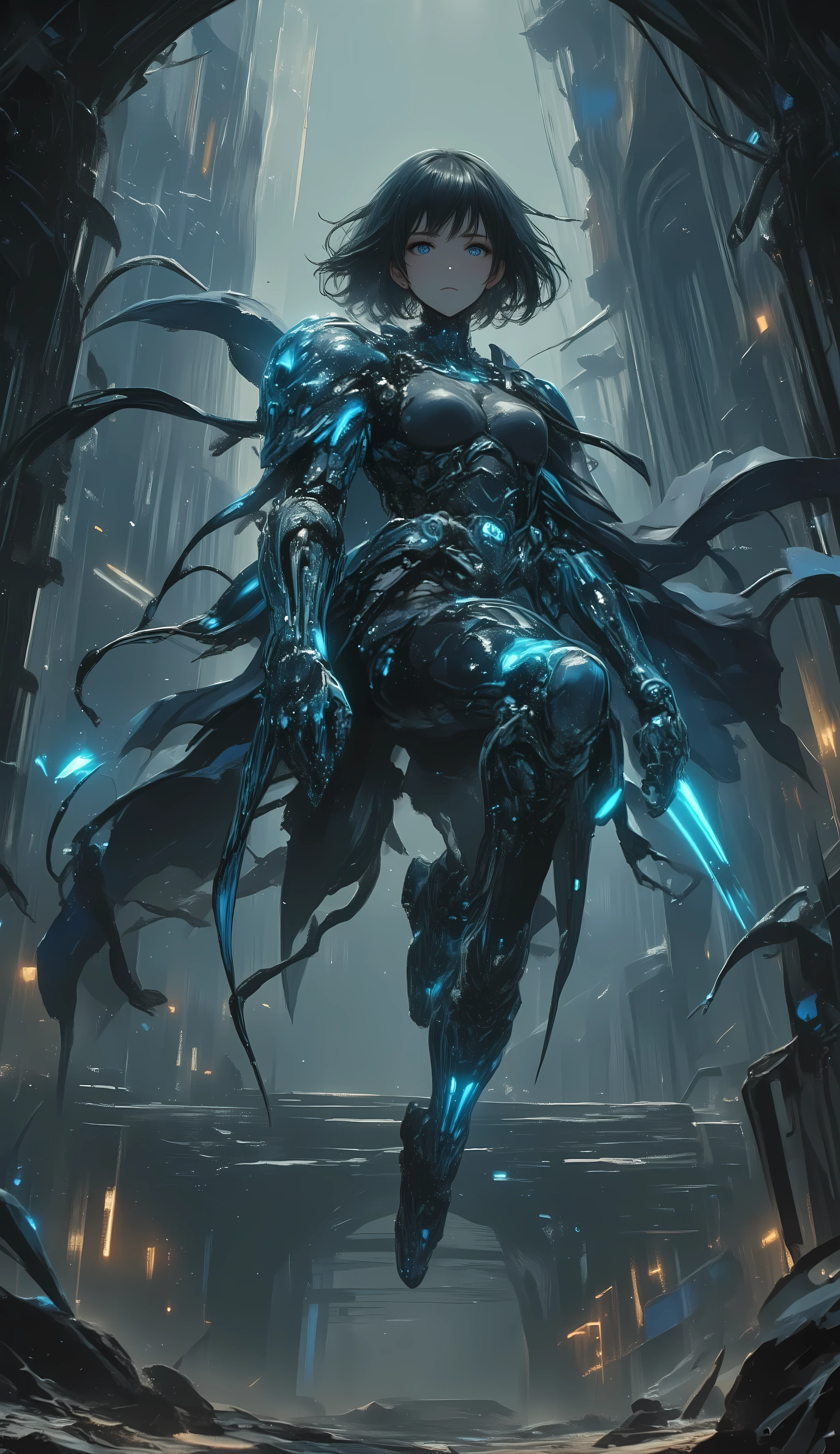 Young Adventurer Woman、short hair、両脇にFloatingする巨大な機械義腕、Mechanical Arm、Floating、 Blue energy glow、Gears and Wires、fusion of cyberpunk and fantasy、Detailed Metallic Texture、luminous joints、dynamic pose、dark dungeon background、dust、top quality、extremely detailed、8k、cinematic lighting、accurate body structure