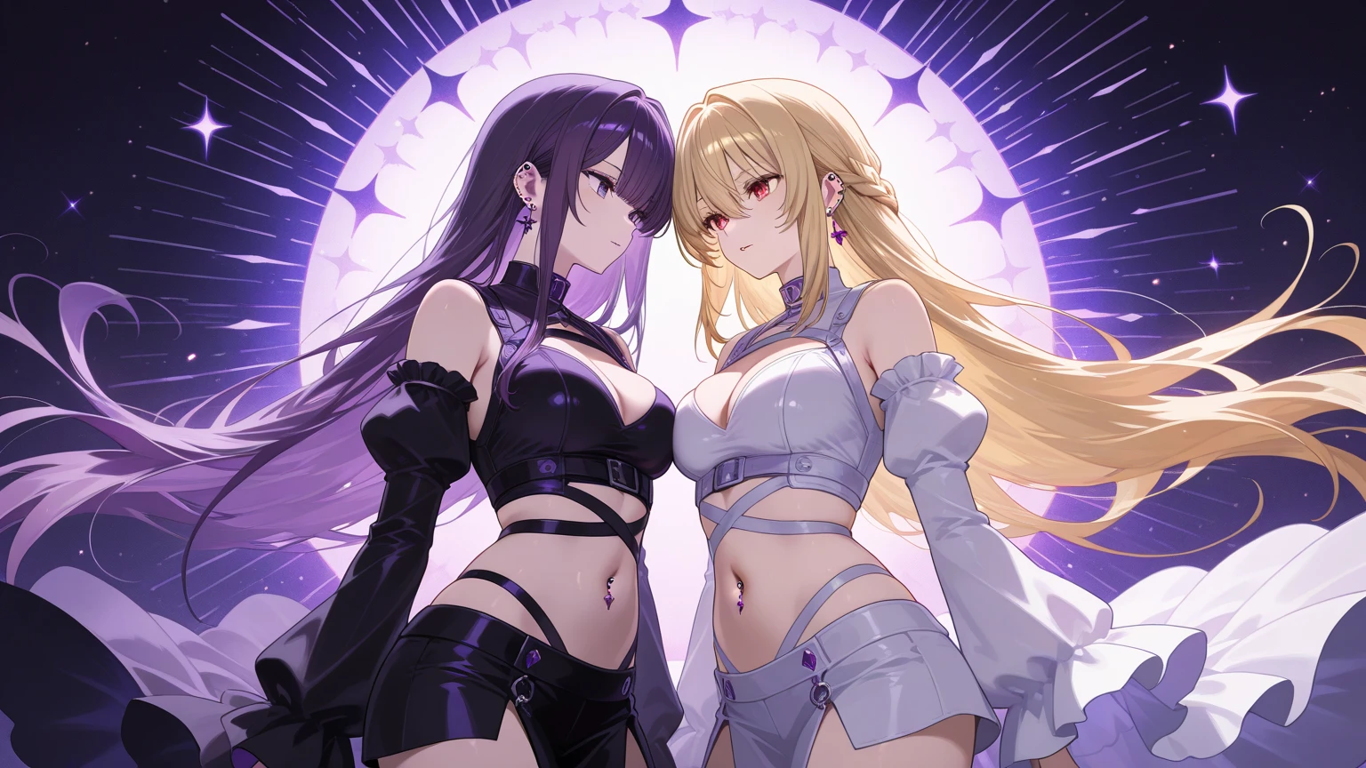 purple theme, monochrome, 1girl, long hair, hetero, <lora:purple_neon-03:1>, leather corset, lace mini skirt, and thigh-high boots