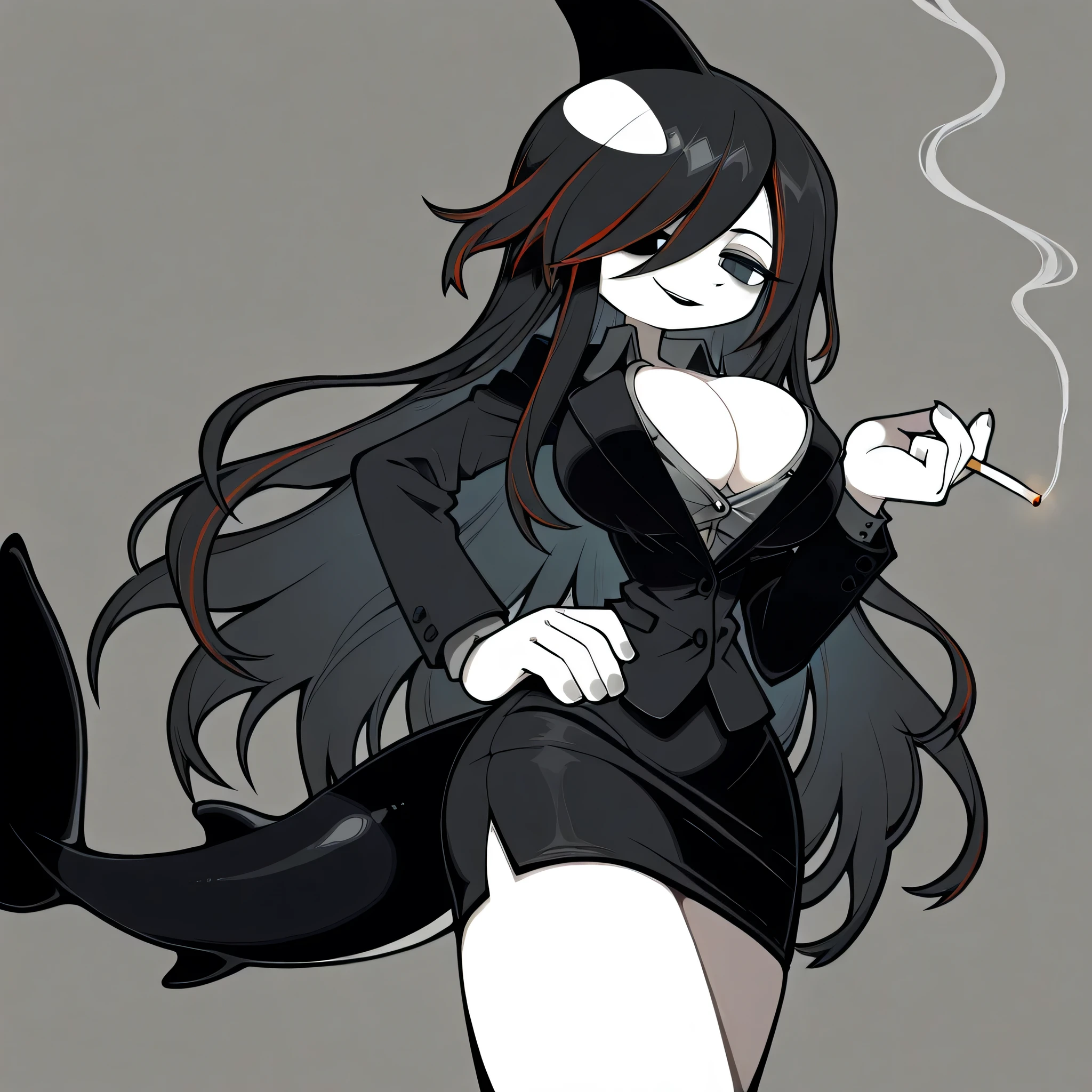 masterpiece, ultra-HD, impressionism, high detail, best quality, very aesthetic, 8k, best quality, beautiful, tmchng, 1girl , solo , pale skin , very long black hair , hair covered one eye , black eye , no eye reflex , seductive smile , black suit , gray shirt , straight mini skirt , big breast , unbuttoned , cleavage , orca tail , dorsal fin head , hand on hip , smoking cigarettes , thighs , looking at viewer, streaked hair , gray background , from below , foreshortening , perspective