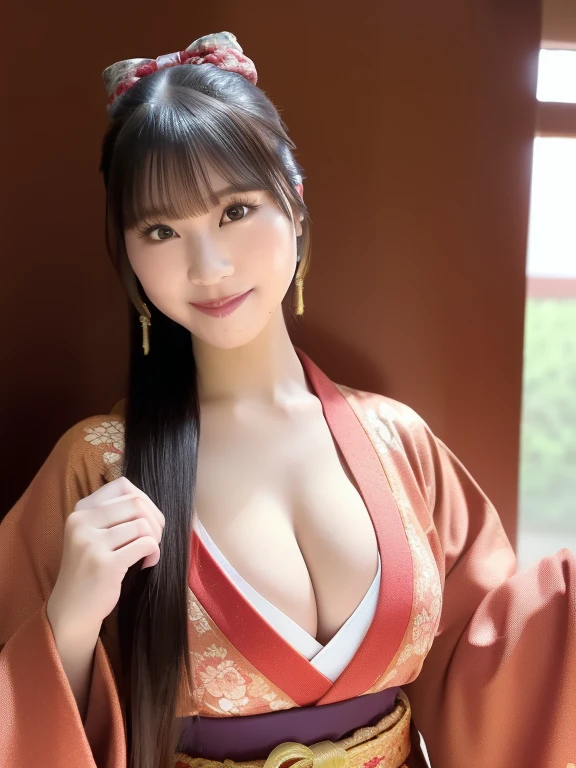 top-quality、Top image quality、​masterpiece、fully body photo、25 years old women, governess、Dark brown wavy middle hair、bangss、((Red kimono、golden embroidery))、 ((no-bra、Puffy 、))、soft boob、 of medium size,、Kamimei、 cute smile face、laying on a couch、((Grasp your  with both hands over your clothes、Touching the ))