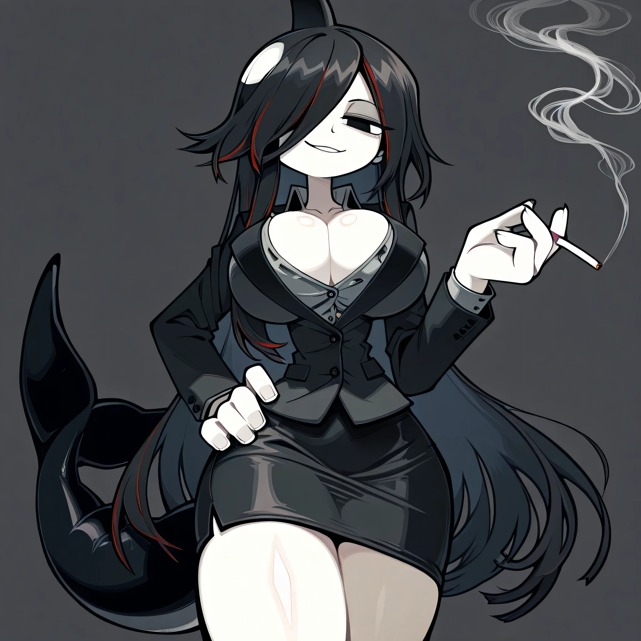 masterpiece, ultra-HD, impressionism, high detail, best quality, very aesthetic, 8k, best quality, beautiful, tmchng, 1girl , solo , pale skin , very long black hair , hair covered one eye , black eye , no eye reflex , seductive smile , black suit , gray shirt , straight mini skirt , big breast , unbuttoned , cleavage , orca tail , dorsal fin head , hand on hip , smoking cigarettes , thighs , looking at viewer, streaked hair , gray background , from below , foreshortening , perspective