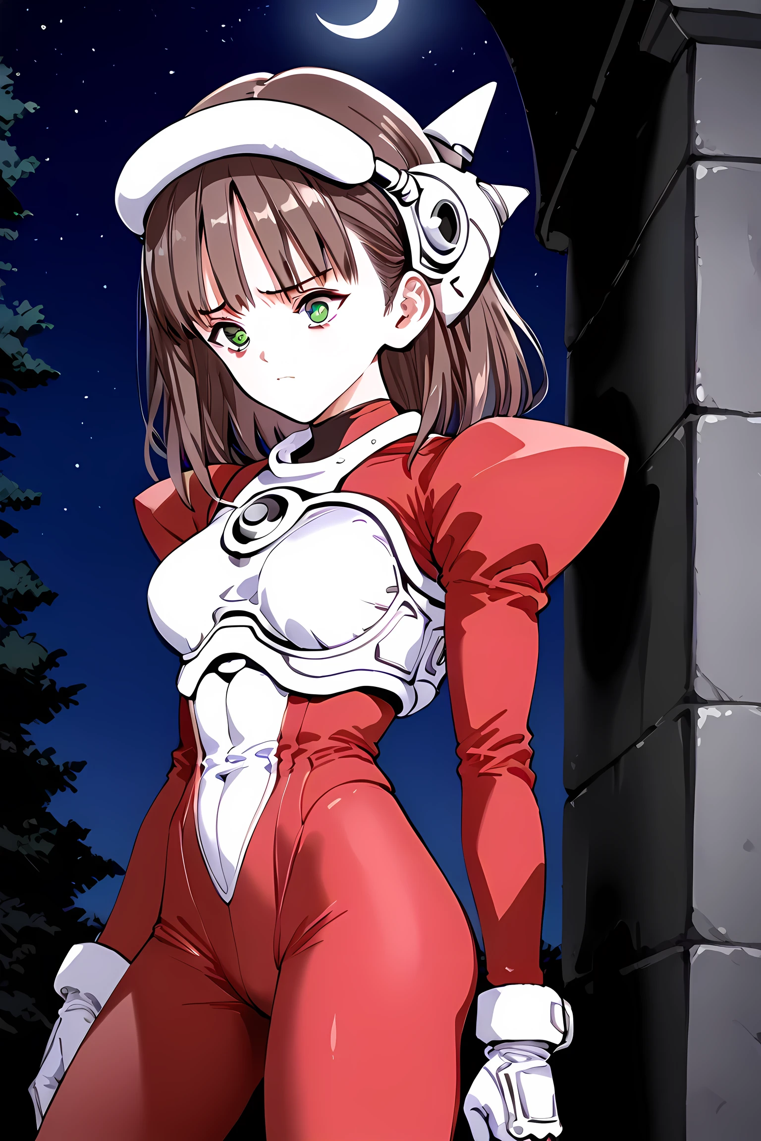 headgear1, red body suit, puffy_sleeves, white headgear, white chest armor, white gloves, a girl ,15 years old, solo,  スコア_4_, ソース_アニメ, high resolution, ultra detail, very aesthetic, Highest Quality,
brown hair, (medium hair), (Straight Hair:1,5), (Green eyes), from front, tucked behind ears, Long face, (one hand-on-own-cheek), hand_on_own_cheek, standing, Sad, Squint eyes, (one hand_on_own_hip),
night, Crescent Moon, night sky, top of the tower, one tower, Leaning against the wall, from little side,sporty body
