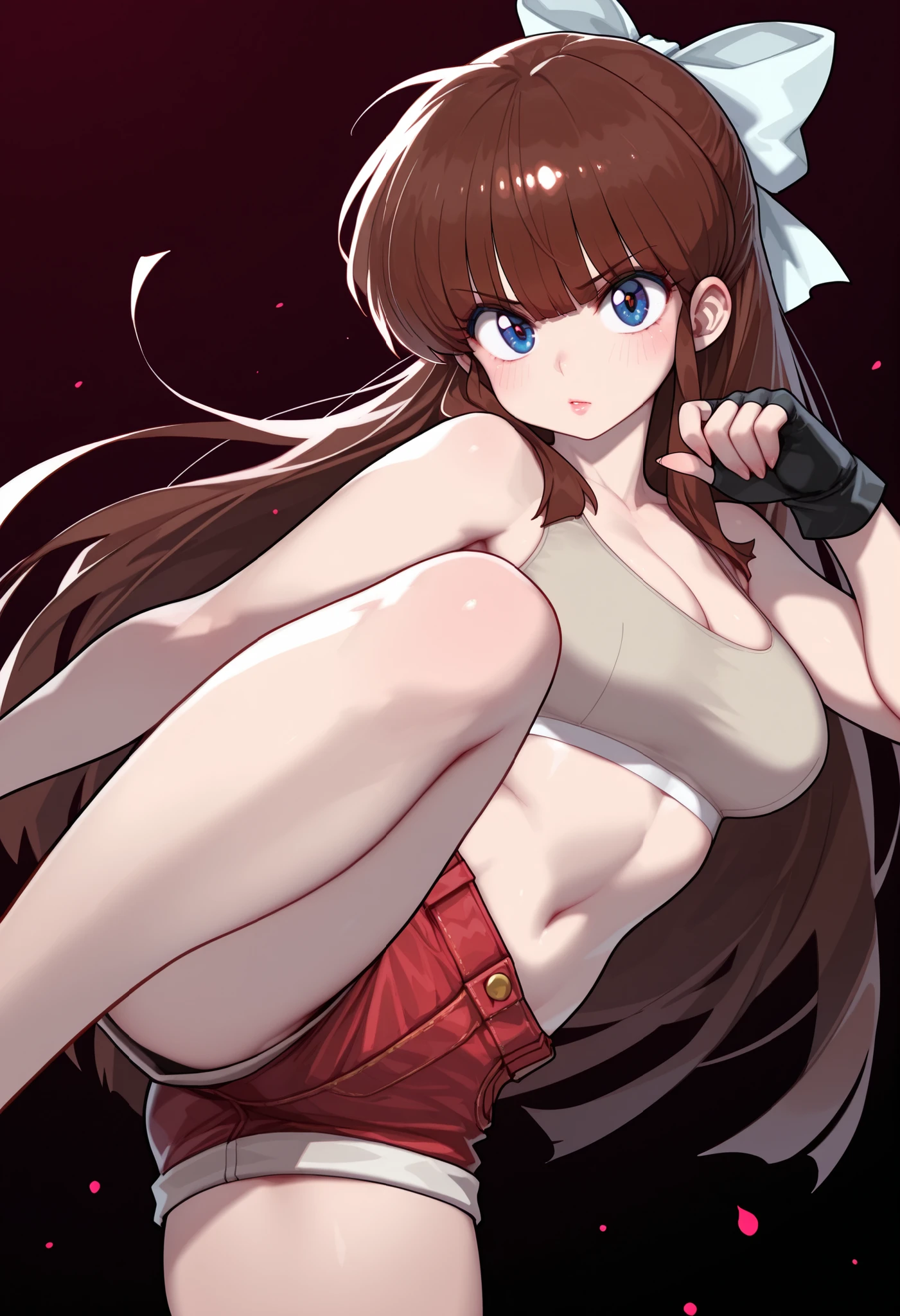 1girl, mature, solo, masterpiece, front view, sharp focus, best quality, anime lighting, vibrant colors, gorgeous, brown hair, medium breasts, very long hair, long hair between eyes, detailed beautiful eyes, perfect eyes, blue eyes, shining eyes, beautiful eyes, nice eyes, pretty face, perfect face, delicate face, perfect hands, perfect fingers, perfect body, perfect well proportioned body, fit body, beige track bra, red denim shorts, black MMA gloves, fingerless gloves, serious gaze, looking at viewer, pink lips, defined lips, kicking, open legs, blushing cheeks, thick legs, aged up, empty background, bangs, blunt bangs, solo, blue eyeliner, white hair bow, dark brown hair, Ukyo Kuonji (Ranma ½), 18 years old