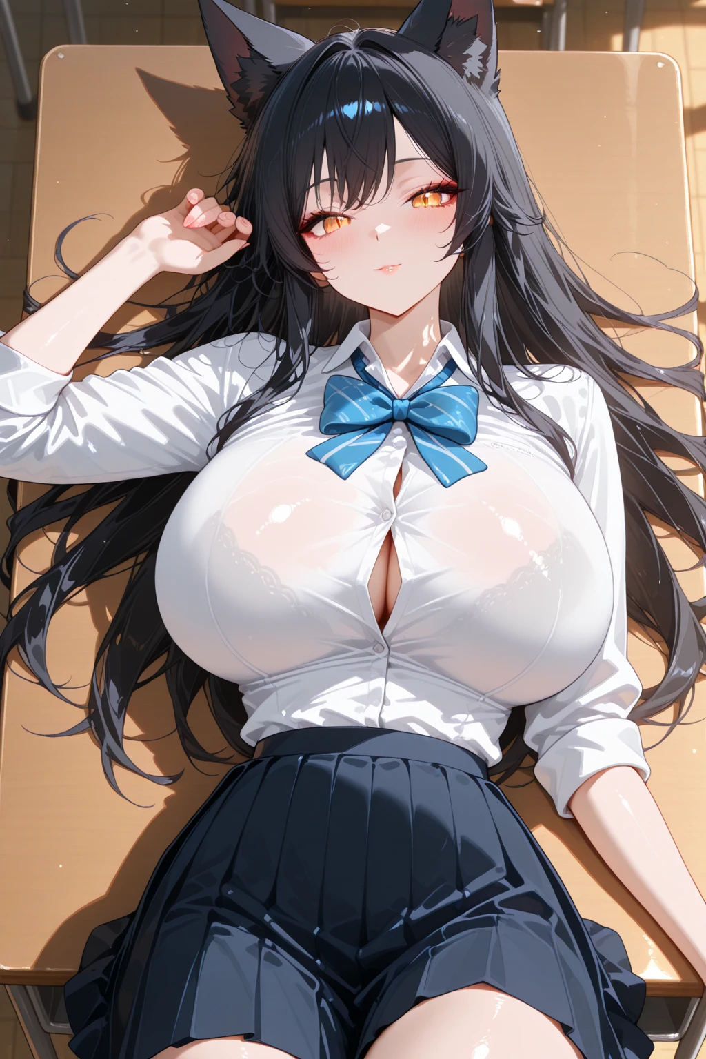 Italian girl, very long loose black hair, super mega , torn white shirt, pleated black miniskirt, elegant shoes, slave's ,  tied together