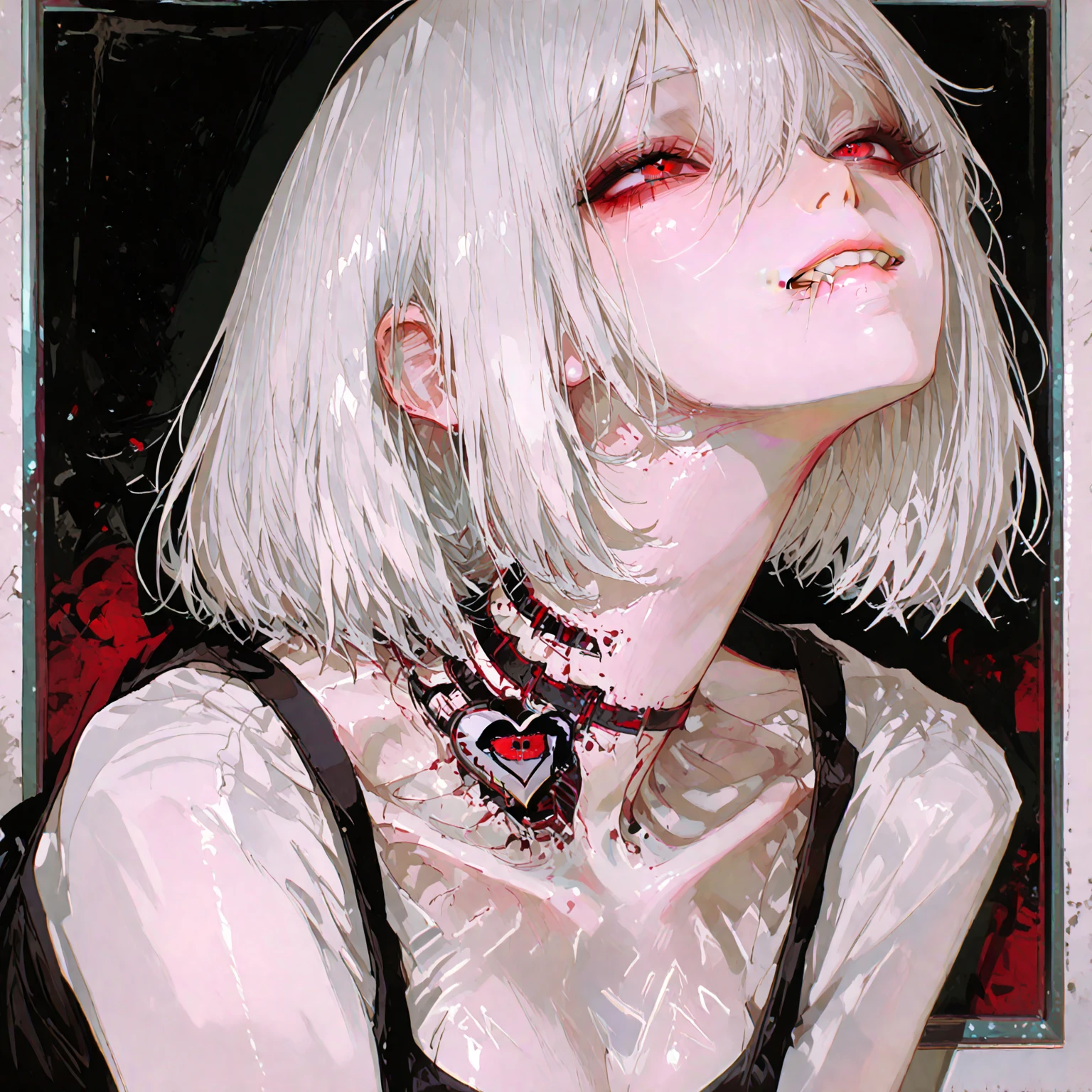 score_9, score_8_up, score_7_up, flat color, gthan, gothic, jewelry, red eyes, solo, blood, earrings, cross, 1girl, black background, looking at viewer, portrait, short hair, necklace, blood on face, cross necklace, simple background, spot color, closed mouth, white hair, cross earrings