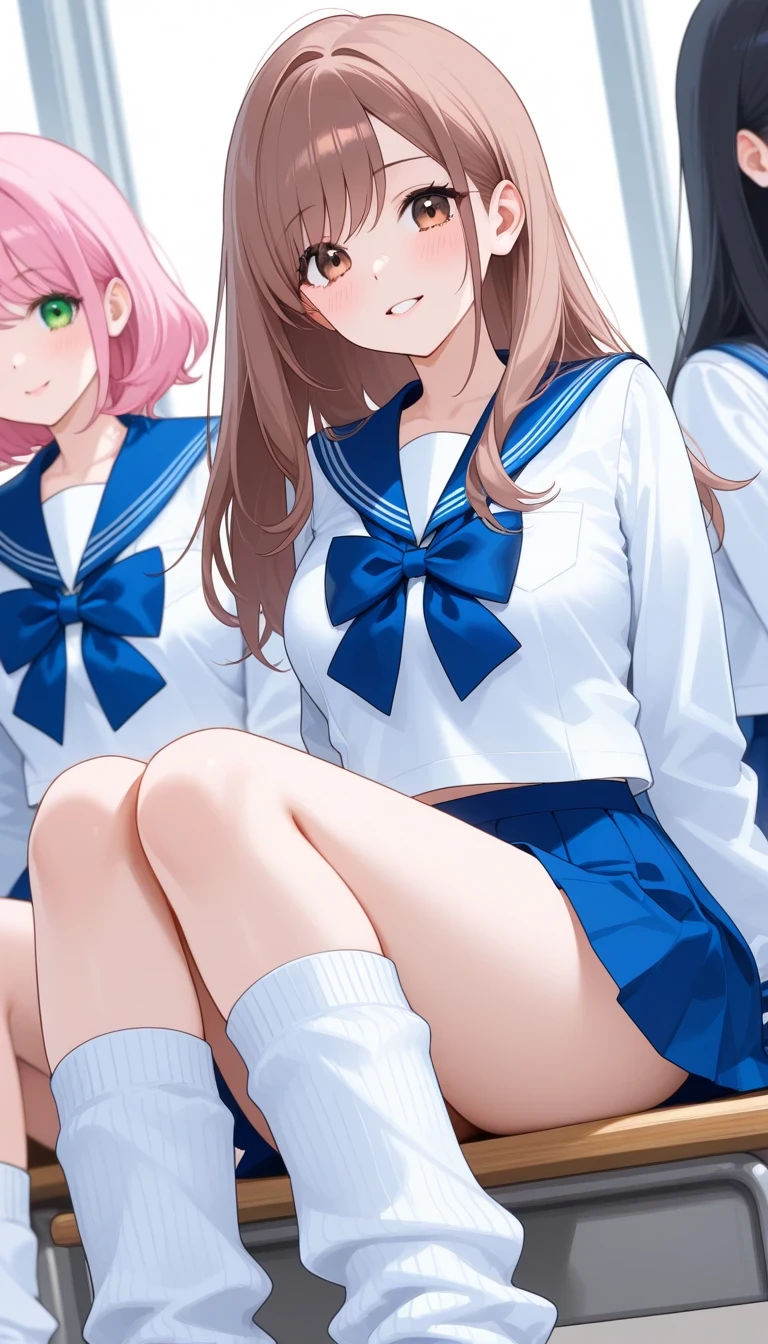 Beautiful Woman、3 female high school students、Women talk to each other、loose socks, three girls、sailor suit next to the eye、sitting