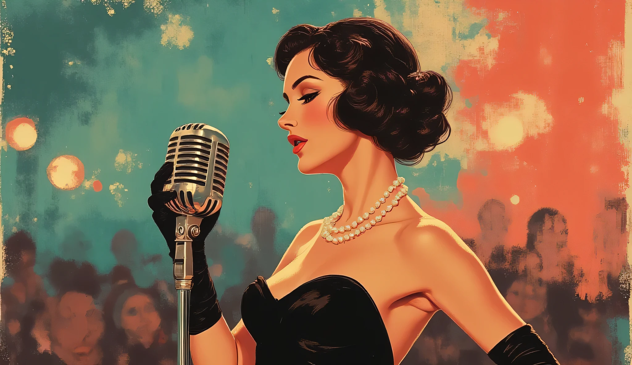 Elegant 1950s jazz singer performing on stage, stylized digital painting. A beautiful woman in profile stands at a vintage silver microphone, wearing a sleek black evening dress, pearl necklace, and long black gloves. Her short dark hair is softly curled in a retro style. Soft spotlight illuminates her, creating warm highlights on her skin. Background is impressionistic with teal and coral brush strokes, blurred silhouettes of an audience, and glowing stage lights. Painterly lighting, soft edges, cinematic atmosphere, expressive color palette, refined and nostalgic mood.
Ultra-realistic lighting, soft depth of field, high-detail textures, 4K clarity, expressive brush strokes, oil-painting feel, pastel-infused color harmony, artstation-quality illustration.
Vintage 1950s jazz club vibe, smoky ambience, retro cinematic lighting, subtle film-grain, American noir atmosphere.
