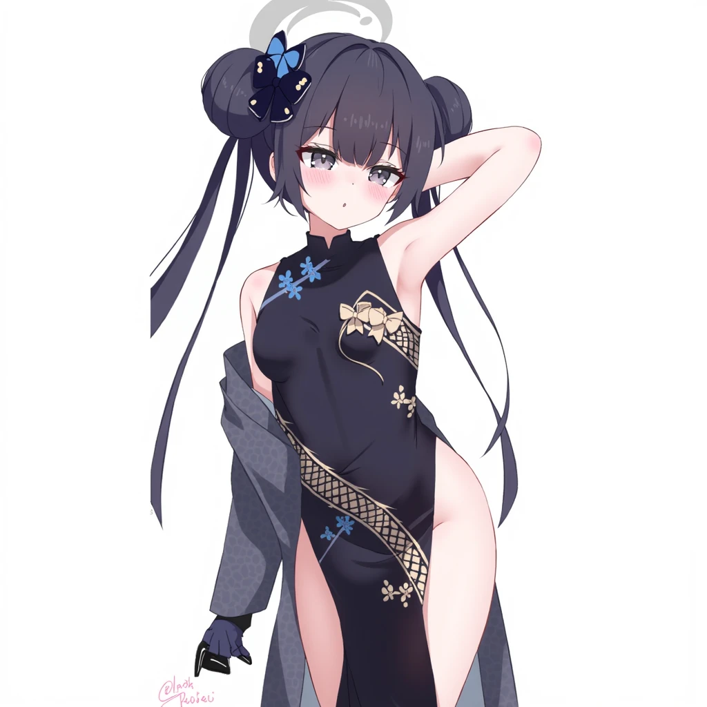 score_9, score_8_up, score_7_up,  1girl,  gesture,  <lora:Cunnilingus gesture PXL-000008:1>   <lora:Kisaki 3:1> ksak, black hair, double bun, low twintails, hair ornament, china dress, open jacket, black gloves,sitting, crossed legs, looking at viewer, tongue out,