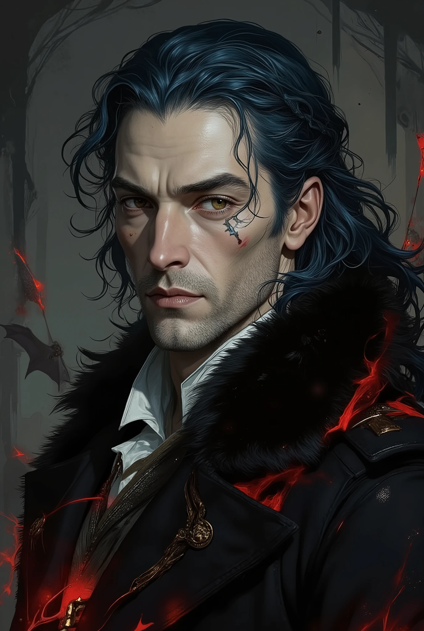 This man is a war-weary guardian and a pragmatic hero who plays the part of the cartoonish villain necromant with the gusto of a theatre kid finally handed a starring role. Face: Aristocratic and sharp-featured, with a prominent, straight nose and high cheekbones that would be considered handsome in any other context. His most notable feature is a thin, silvery scar that runs from the his left eye, down across his cheekbone, and through the corner of his lip. Eyes: Naturally a warm, light brown—almost the color of fine cognac. They are intelligent and often tired, but can sparkle with humor or cynicism. When channeling magic, they glow with the color of the energy he wields (e.g., void-black for necromancy, crimson for fire). He uses minor illusion magic to make them appear as slitted, serpentine eyes when "on stage" for the Luminian court. Hair & Skin: His long hair is a deep blue-black, typically kept in a practical but intricate braid to keep it out of his way during combat or complex spellcasting. Thanks to his necromantic powers subtly altering his biology, his hair can move independently, acting like a third hand to grab a quill or swat away Fluffy (his big red vampire cat with bat wings). His skin is a pale, cool gray, akin to weathered marble. He can consciously alter its shade, from a darker, shadow-blending grey for stealth to a deathly, ashen pallor for dramatic effect. Physique: Tall (6'5") and broad-shouldered, with the lean, powerful muscles of a seasoned warrior. His movements are economical and possess a predator's grace. Hands: Slender, pianist's fingers, calloused from swordplay and precise magical gestures. His nails are a permanent, glossy black from an old alchemical accident, looking like polished claws. He keeps them meticulously trimmed.