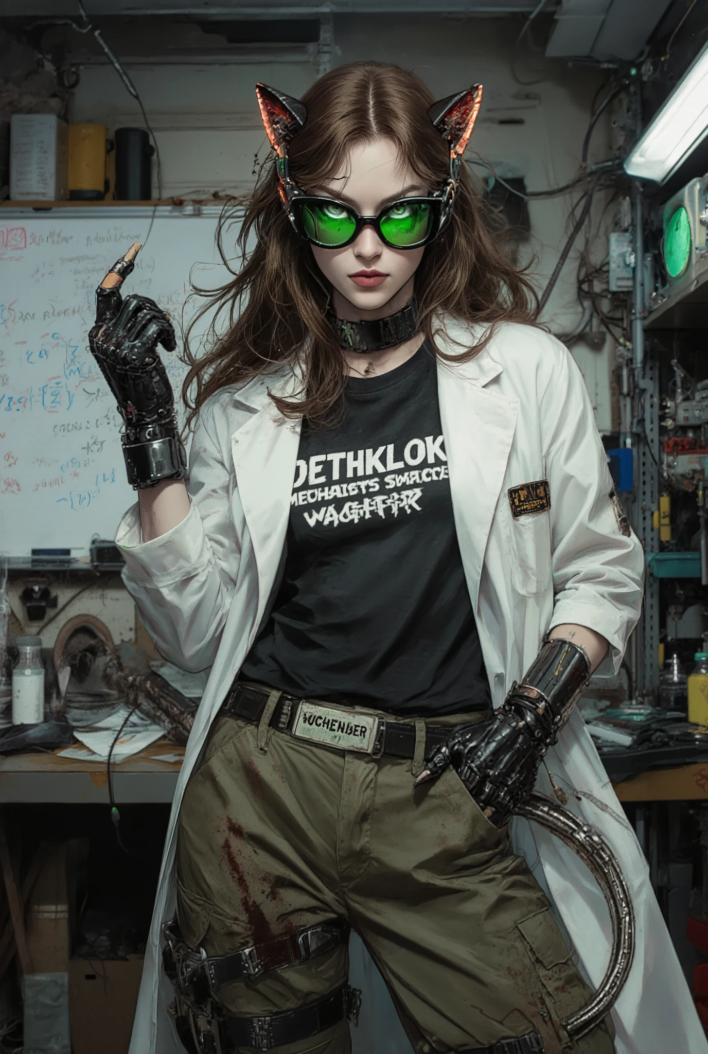 female, human, Swiss-Russian descent, 32 years old, wiry 6’1” frame, sharp angles, restless energy, long coffee-brown hair, chaotic half-tied waves, pencils or wires in hair, thick-framed green-tinted glasses, predator-like flickering eyes, manic or vacant gaze, cybernetic cat ears (fun sensors), twitching with mood, right hand with extra opposable thumb, toe-controlled, sleek prehensile metal tail, coils around waist or taps impatiently, tactical lab gear, cargo pants with micro-tool pockets, stained white coat, band tee (Dethklok Meets Wagner), fingerless gloves with haptic feedback, cyberpunk aesthetic, biodynamic prosthetics expert, messy lab environment, whiteboard equations, mini-fridge labeled "Biohazards (Snacks)", VR rig for testing, stress-tests in Mecha-Suit Simulator 3000, manic yet calculating demeanor, sudden unsettling warmth, deadpan sarcasm, romantic obliviousness, pet lab rat named Schrödinger, cyberpunk Mary Shelley vibe, heavy-metal symphony energy, cybernetic augmentation enthusiast, Swiss-Russian oligarch upbringing, hacker background, chaotic genius, lab coat with stains, tactical utility wear, wired for efficiency, cybernetic tail movements, experimental scientist vibe, unsettling yet intriguing presence