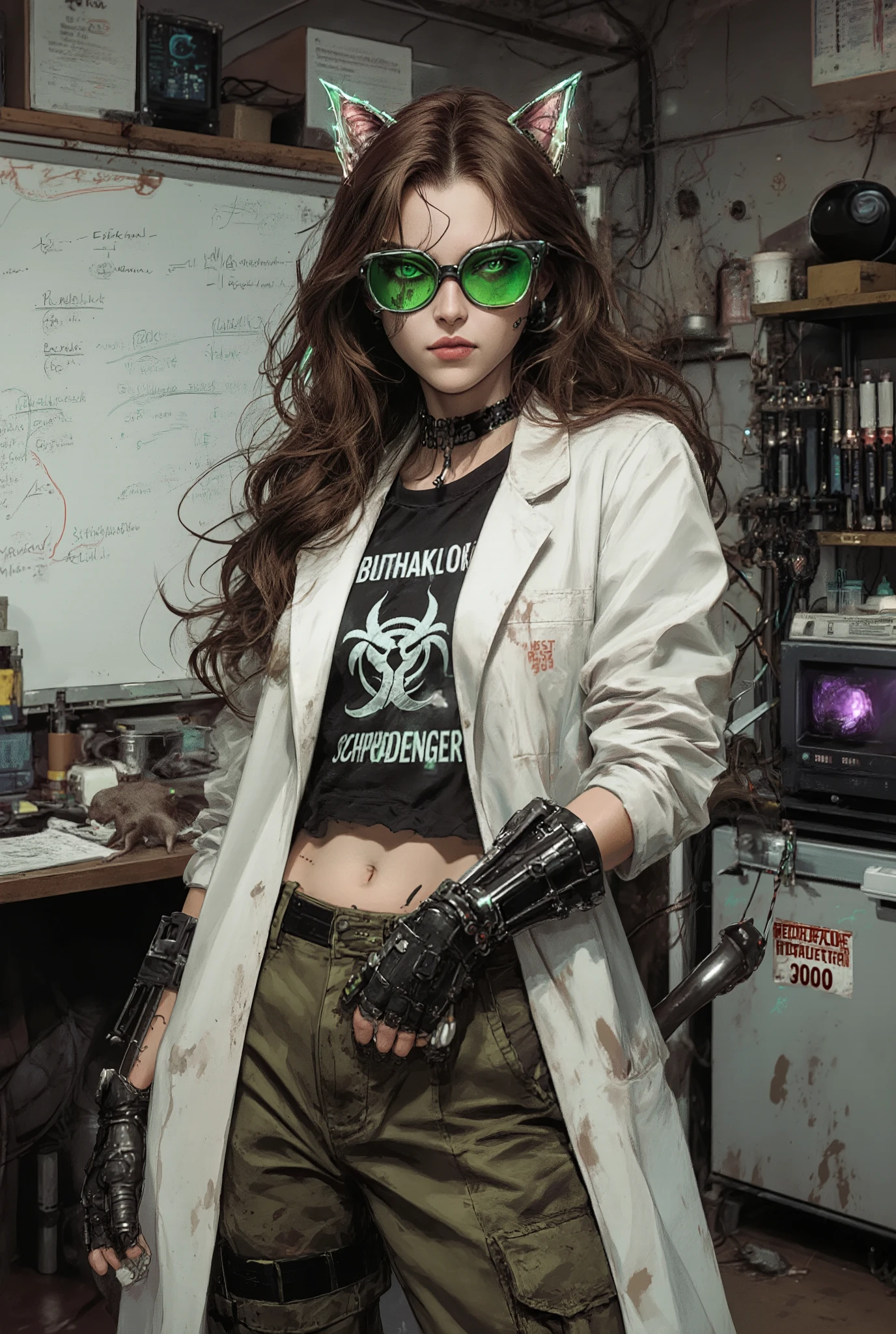 female, human, Swiss-Russian descent, 32 years old, wiry 6’1” frame, sharp angles, restless energy, long coffee-brown hair, chaotic half-tied waves, pencils or wires in hair, thick-framed green-tinted glasses, predator-like flickering eyes, manic or vacant gaze, cybernetic cat ears (fun sensors), twitching with mood, right hand with extra opposable thumb, toe-controlled, sleek prehensile metal tail, coils around waist or taps impatiently, tactical lab gear, cargo pants with micro-tool pockets, stained white coat, band tee (Dethklok Meets Wagner), fingerless gloves with haptic feedback, cyberpunk aesthetic, biodynamic prosthetics expert, messy lab environment, whiteboard equations, mini-fridge labeled "Biohazards (Snacks)", VR rig for testing, stress-tests in Mecha-Suit Simulator 3000, manic yet calculating demeanor, sudden unsettling warmth, deadpan sarcasm, romantic obliviousness, pet lab rat named Schrödinger, cyberpunk Mary Shelley vibe, heavy-metal symphony energy, cybernetic augmentation enthusiast, Swiss-Russian oligarch upbringing, hacker background, chaotic genius, lab coat with stains, tactical utility wear, wired for efficiency, cybernetic tail movements, experimental scientist vibe, unsettling yet intriguing presence