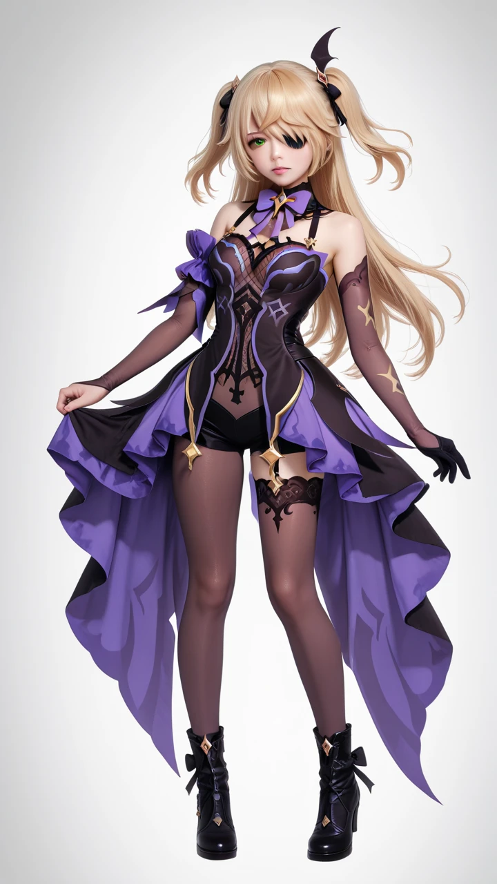 masterpiece, best quality, tony,1girl, solo, thighhighs, blonde hair, long hair, twintails, gloves, purple eyes, elbow gloves, very long hair, , dress, legs, long legs, hairband,  jewelry, black thighhighs, simple background, pointy ears, earrings,  shoulders, ribbon,<lora:tony_xl_v1:0.9>