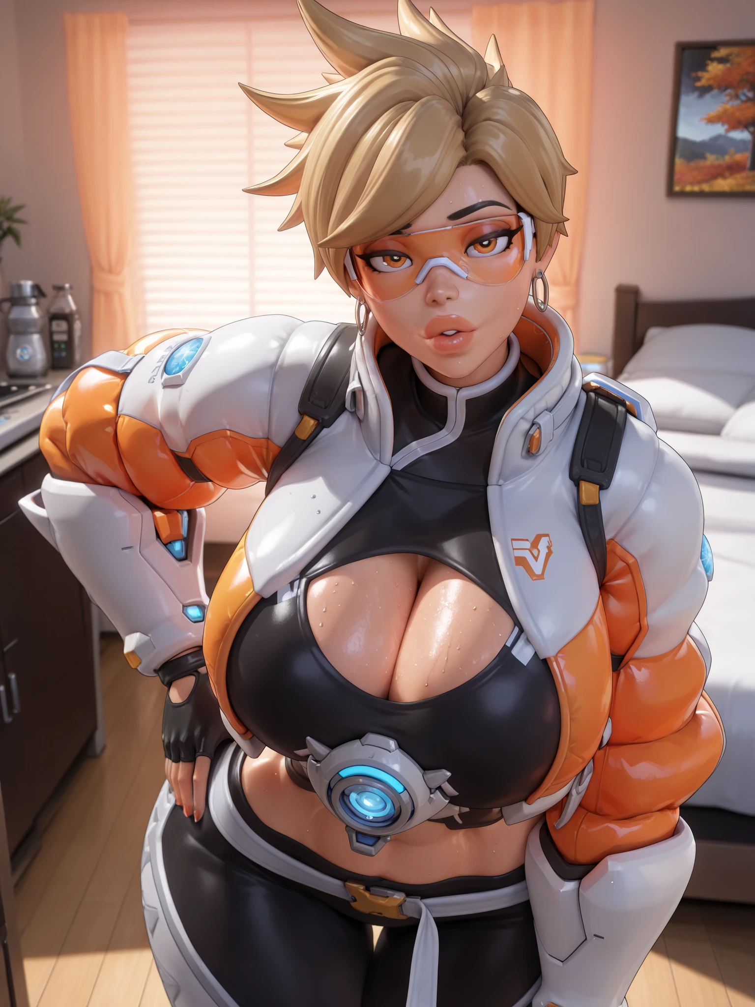 owtracer, le sserafim tracer, 1 girl, solo, blonde hair, spiky hair, orange glasses, earrings, crop top, cleavage cutout, puffy jacket, cropped jacket, leggings, 1girl, gigantic breasts, wide hips, gigantic thighs, narrow waist, belly, masterpiece, best quality, bedroom, indoors, autumn, cozy, warm lighting, 3D style, 3D, blender, ((massive lips)), bimbo lips, glossy lips, bimbo, lidded eyes, shallow focus, closeup, sweaty, bust shot, ((large eyes)), fingerless gloves, hand on hip