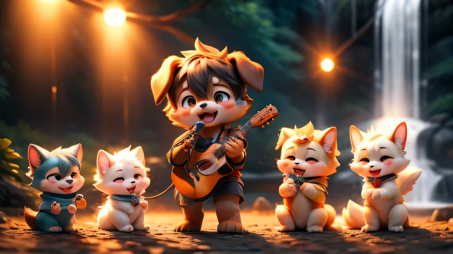 vast waterfall background、cute dog band、singing 