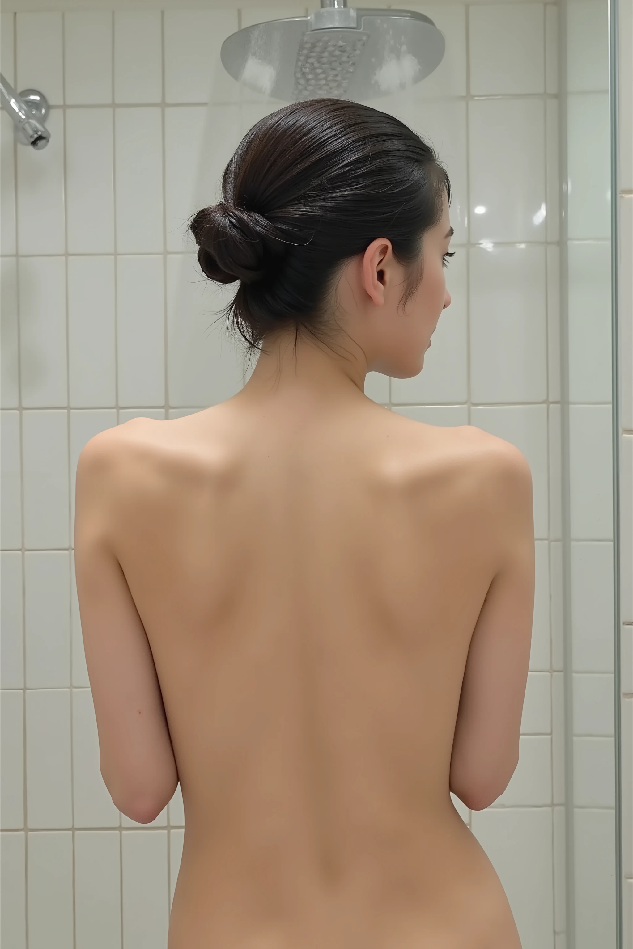 (top quality、Table Top、8k、best image quality、Award-winning work)、one beautiful woman、(I'm hiding my nipples:2)、(round knots with short twisted hair:1.5)、(I'm taking a shower in a large tiled bathroom:1.5)、( the bathroom mirror shows a woman hiding her nipples:2)、(the image of a woman is accurately projected in the mirror:1.2)、(the woman in the mirror is staring at me:1.5)、(nipples are completely hidden:2)、Classy shower equipment、( Wet Shiny Black Hair :1.2)、(ultra high definition, moisturized, radiant skin:1.1)、(The back of the upper body:1.5)、Brightly Illuminated Face、Very bright、 ULTRA HIGH DEFINITION美しい顔 、Perfect and beautiful teeth、ULTRA HIGH DEFINITION、ULTRA HIGH DEFINITION hair、( ultra-high resolution wet and shiny skin :1.1)、 ULTRA HIGH DEFINITION SHINY LIPS、(accurate anatomy:1.5)