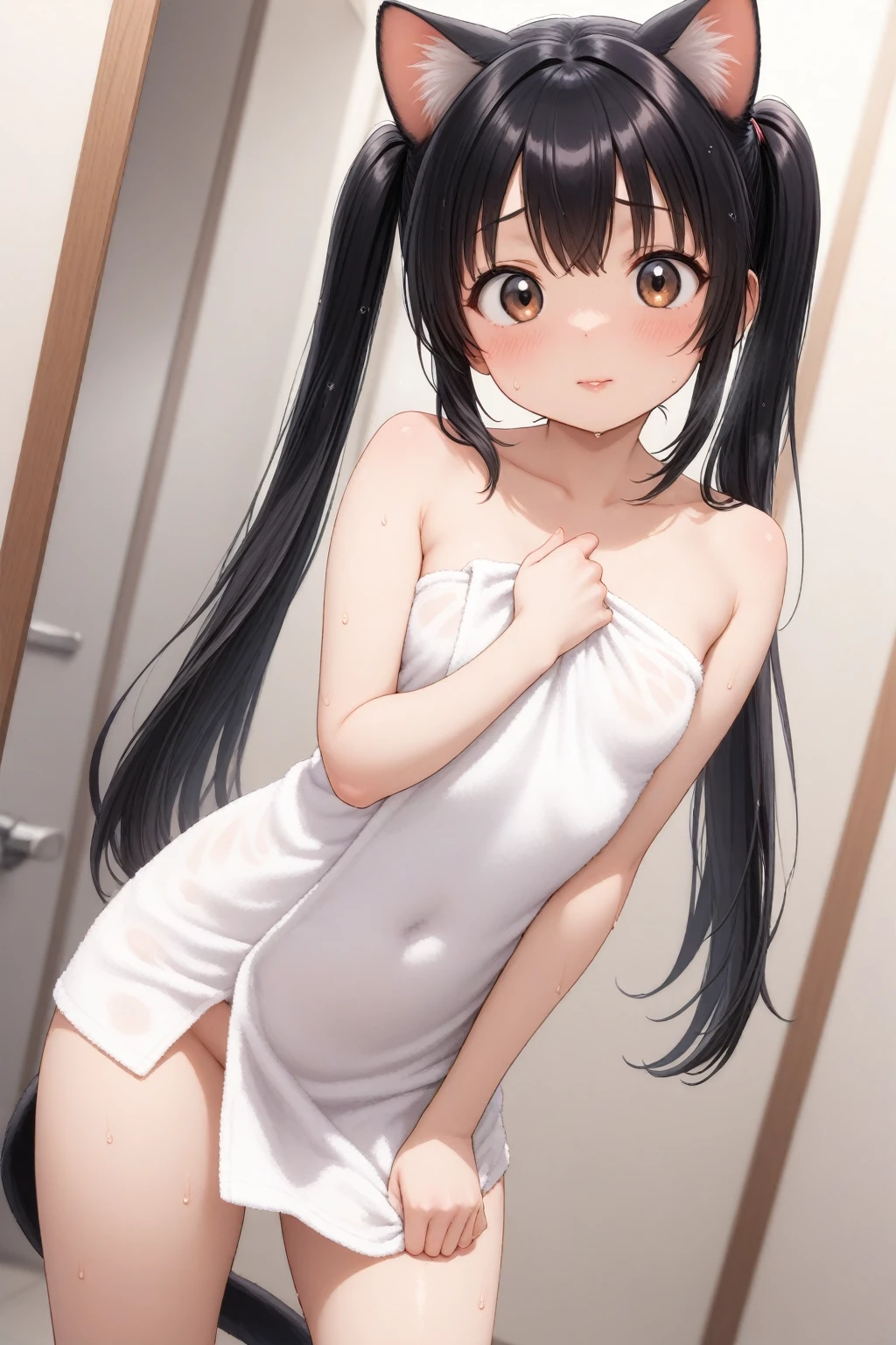 Brown hair, long hair, purple eyes, very short bangs, wide forehead, middle school student, flat chest , short, narrow eyes, hanging eyes, forehead, straight hair, , , ()， are visible， are visible，bed